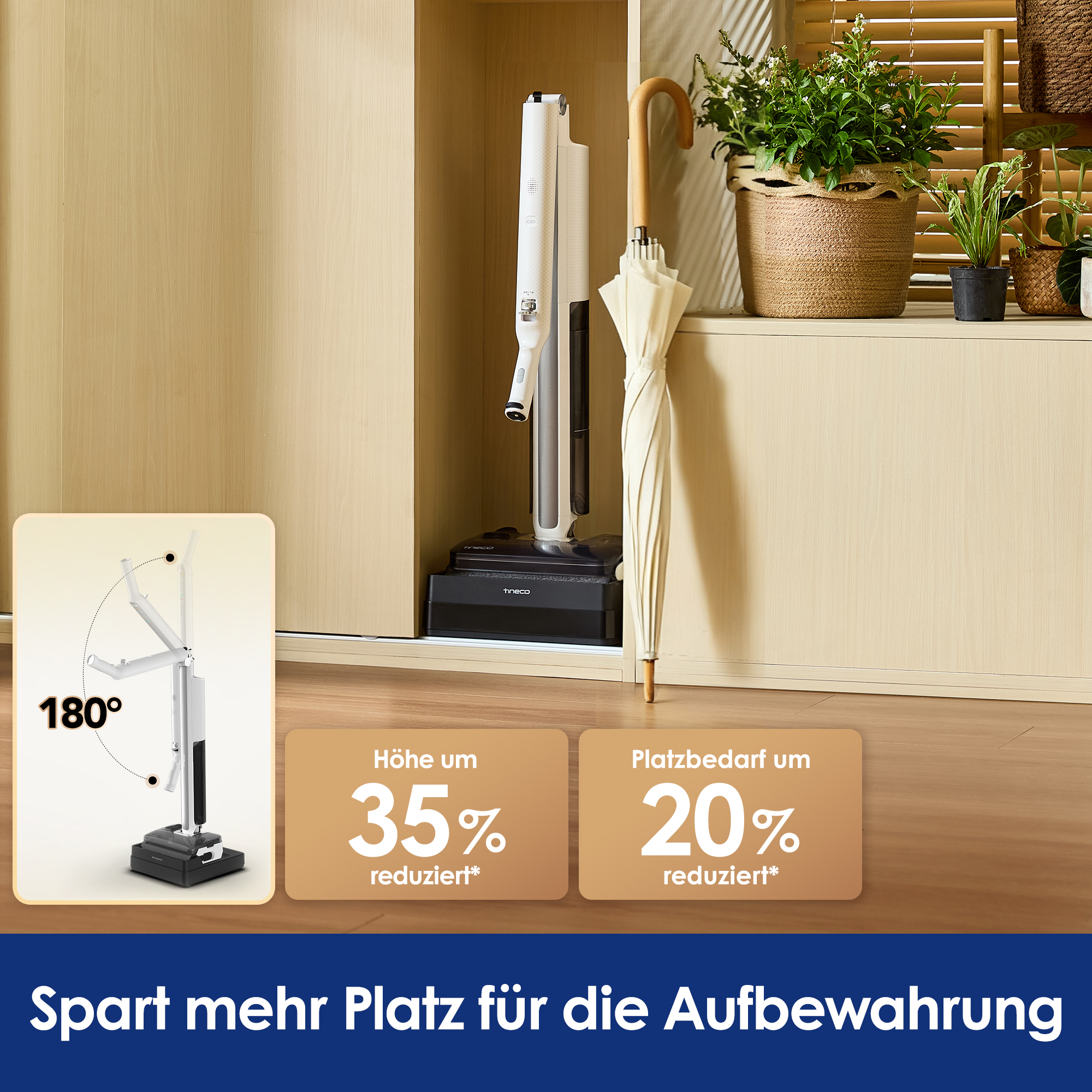 Weißer Staubsauger in einem Schrank, daneben ein Regenschirm und Pflanzen, mit Prozent-Angaben zur Reduzierung.