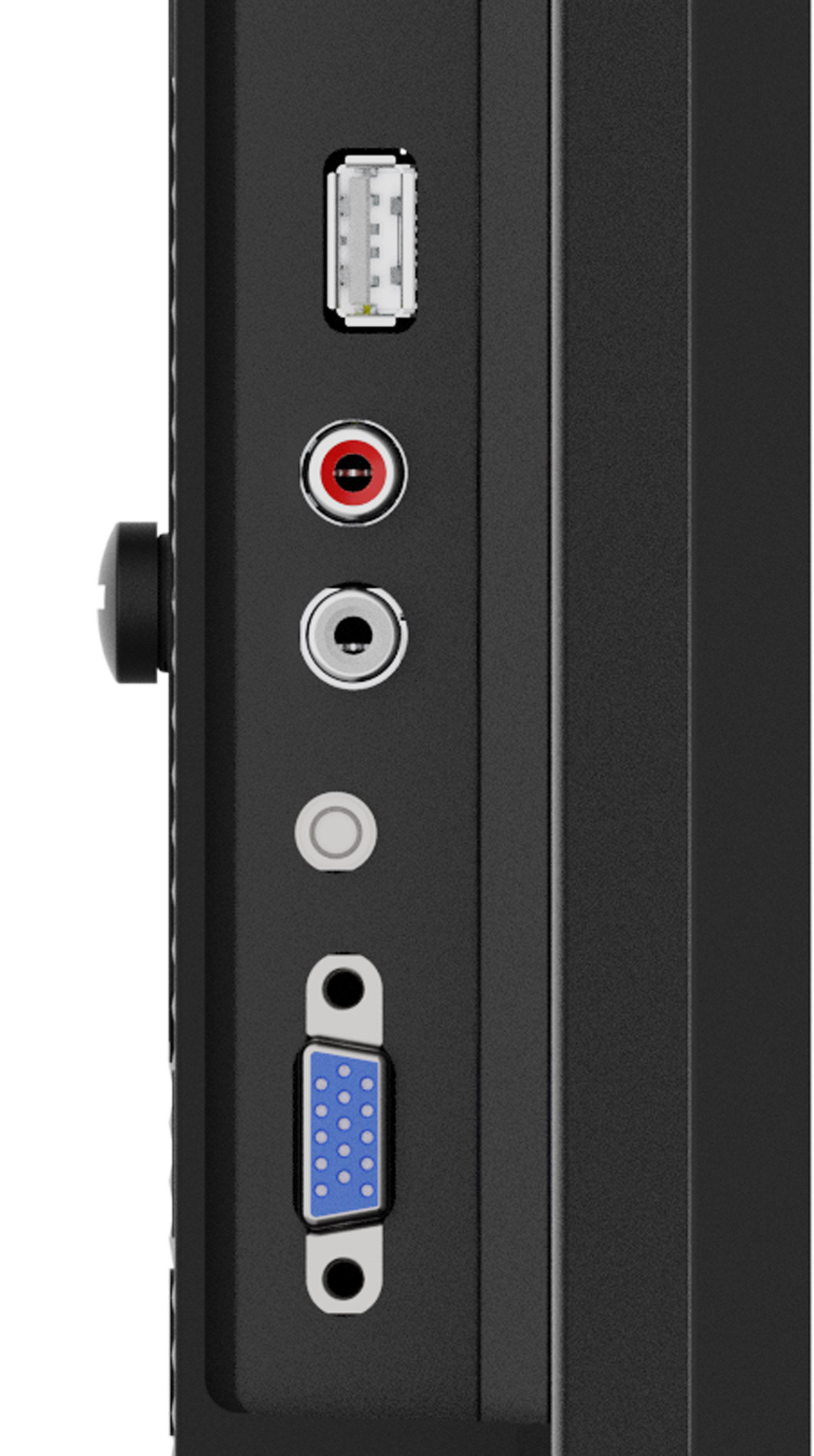 Seitenansicht eines schwarzen Geräts mit USB-, Audio- und VGA-Anschlüssen.