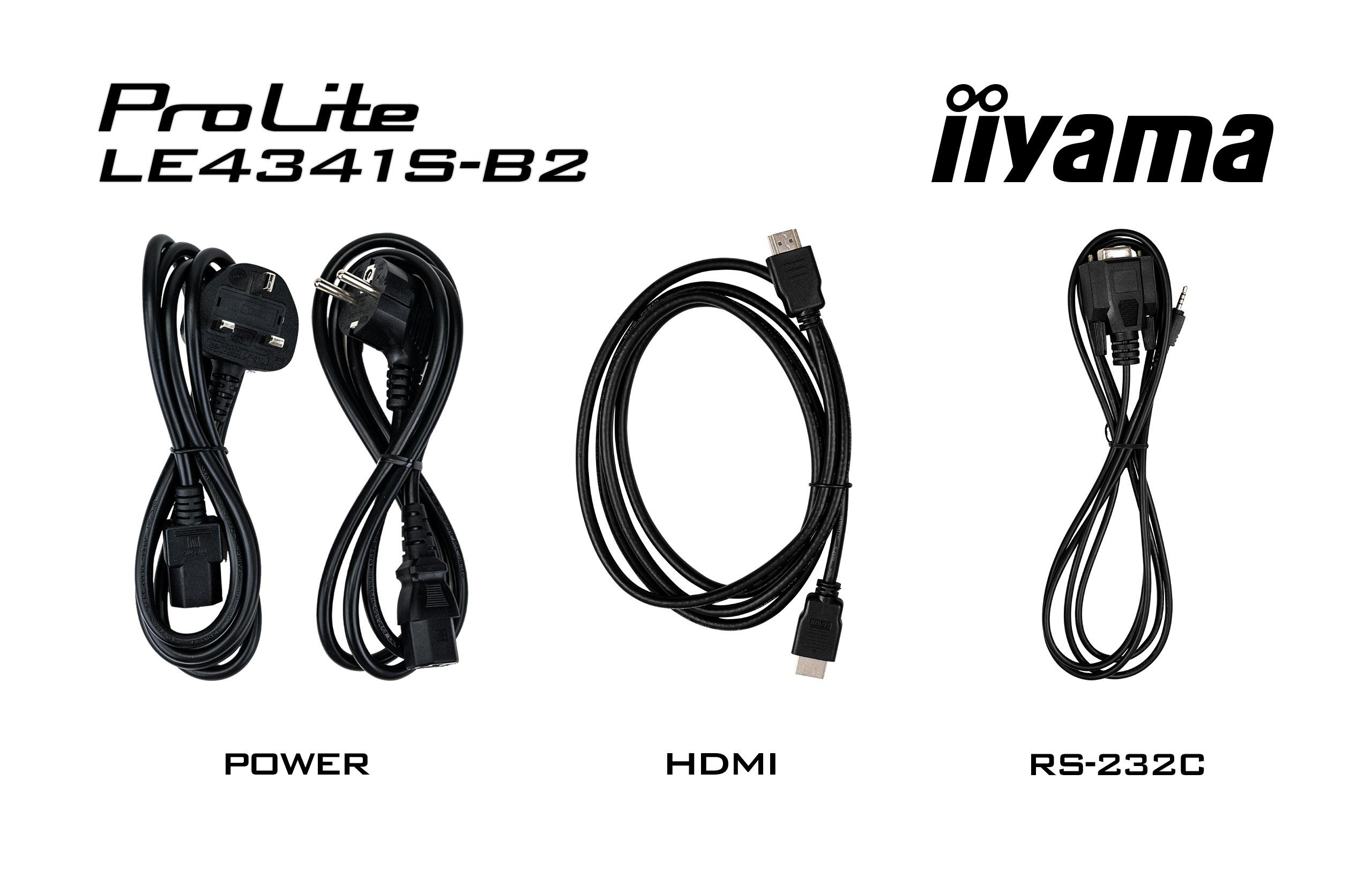 Verschiedene schwarze Kabel für den Monitor iiyama ProLite LE4341S-B2, inklusive Power, HDMI und RS-232C.