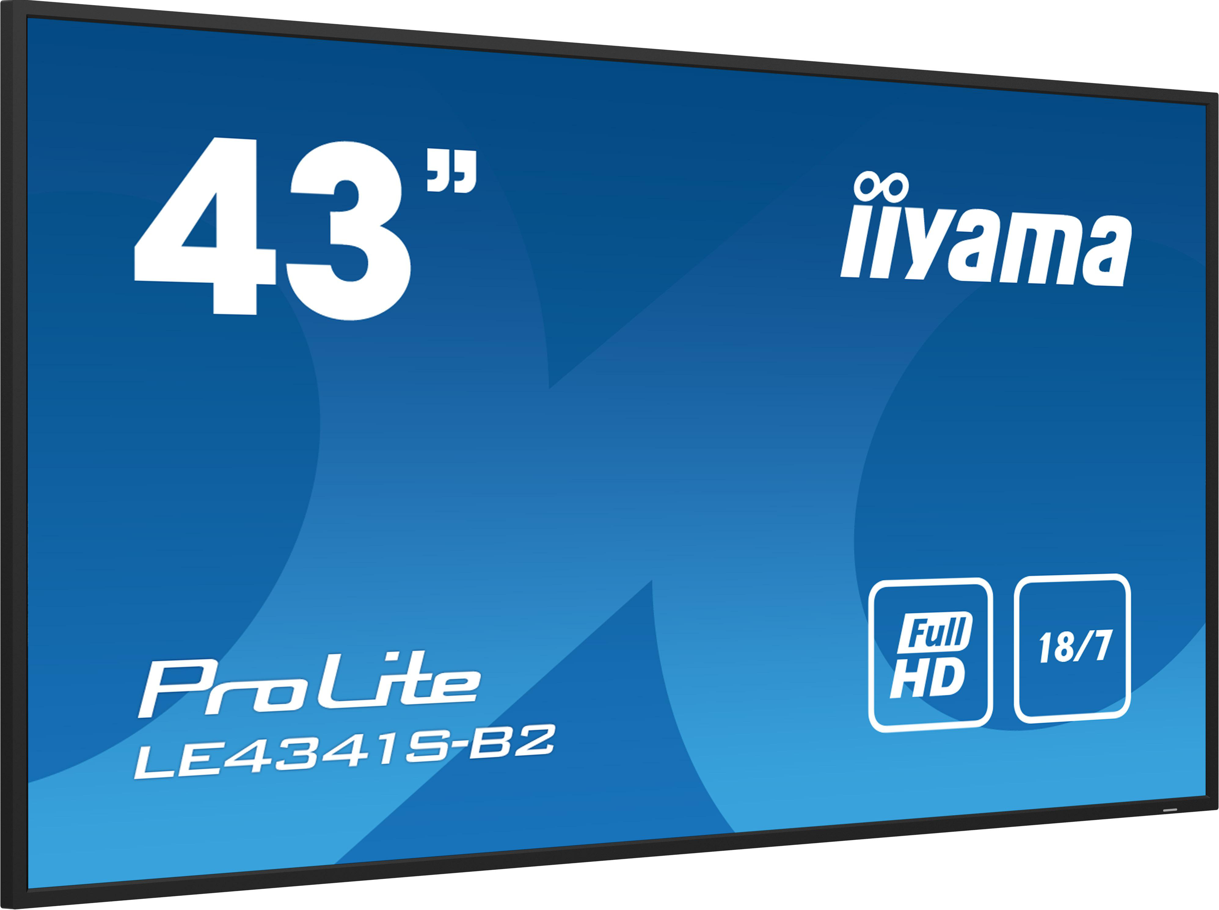 Ein blauer Iiyama ProLite 43-Zoll-Bildschirm mit Full HD und 18/7-Beschriftung.