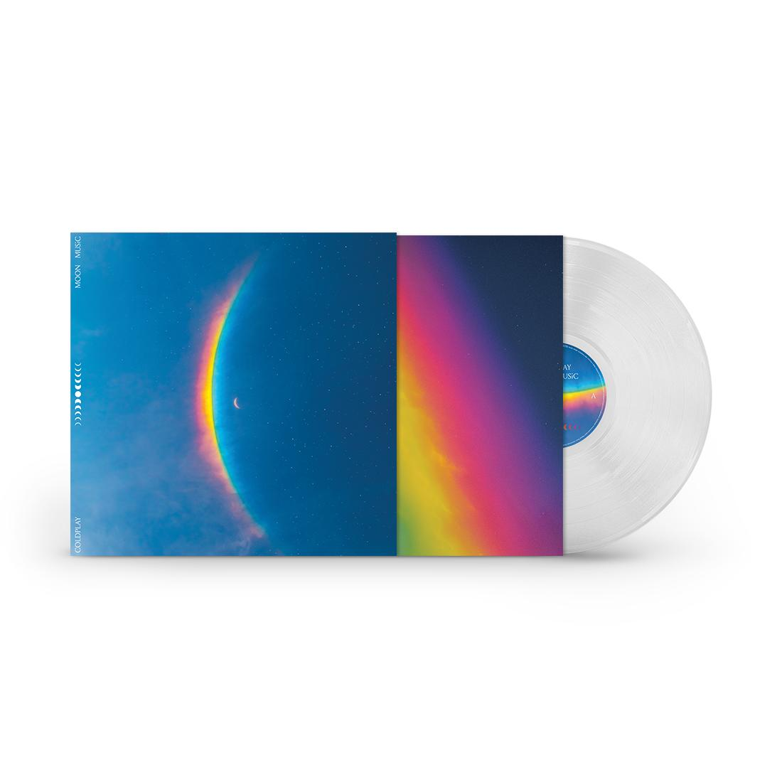 Eine transparente Vinylplatte mit blauem und buntem Regenbogen-Cover.