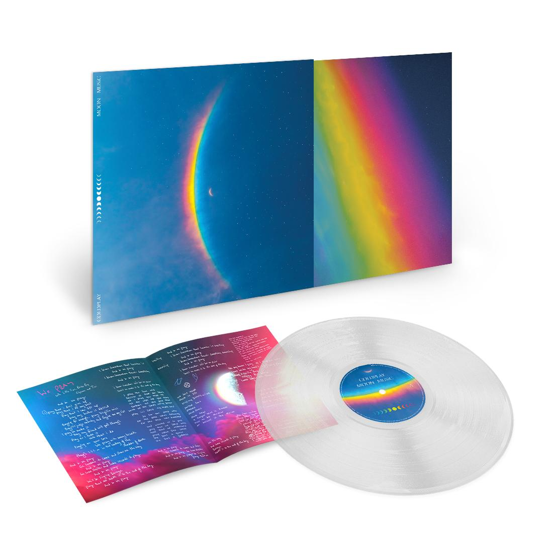 Albumhülle, CD-Inlay mit Texten und eine klare Schallplatte mit blau-gelbem Design.