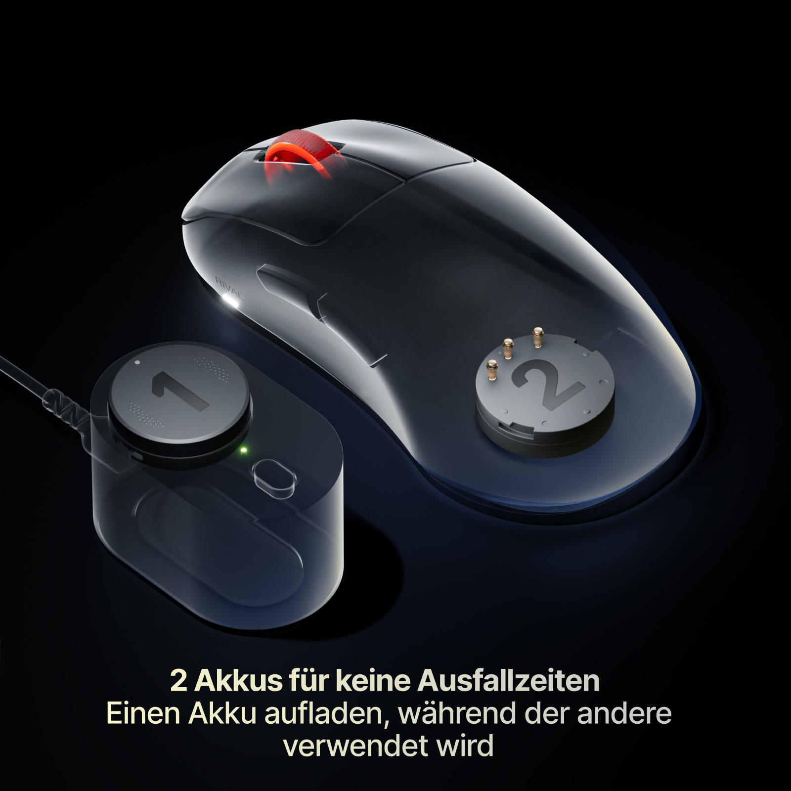 Transparente Gaming-Maus mit Ladestation und zwei Akkus für unterbrechungsfreies Spielen.