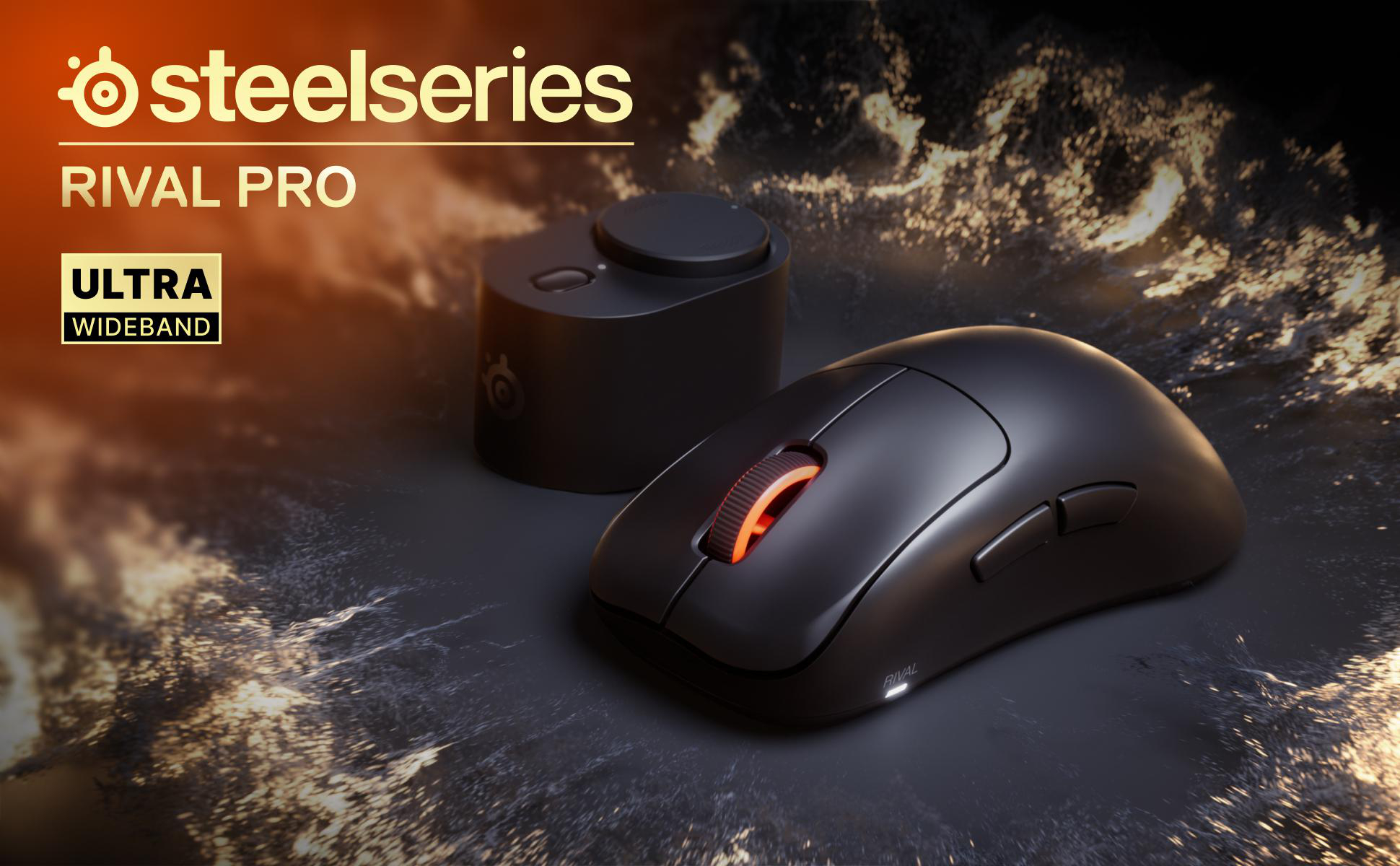 SteelSeries Rival Pro Gaming-Maus mit Ladestation vor feurigem Hintergrund.