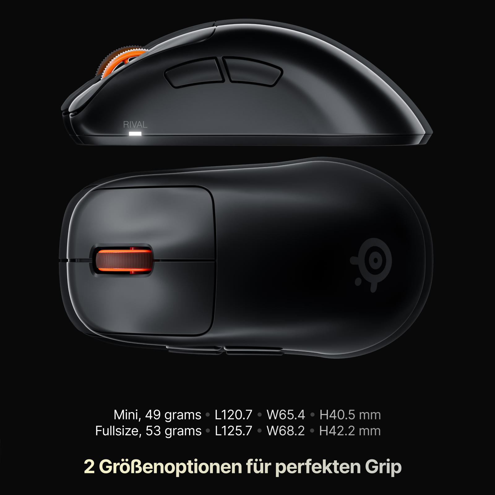 Schwarze Gaming-Maus mit orangefarbenem Scrollrad und technischen Daten unten.