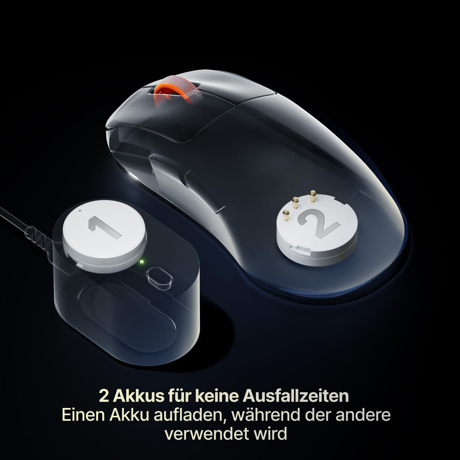 Transparente Funkmaus mit orangem Scrollrad und zwei wechselbaren Akkus mit Beschriftung 1 und 2.