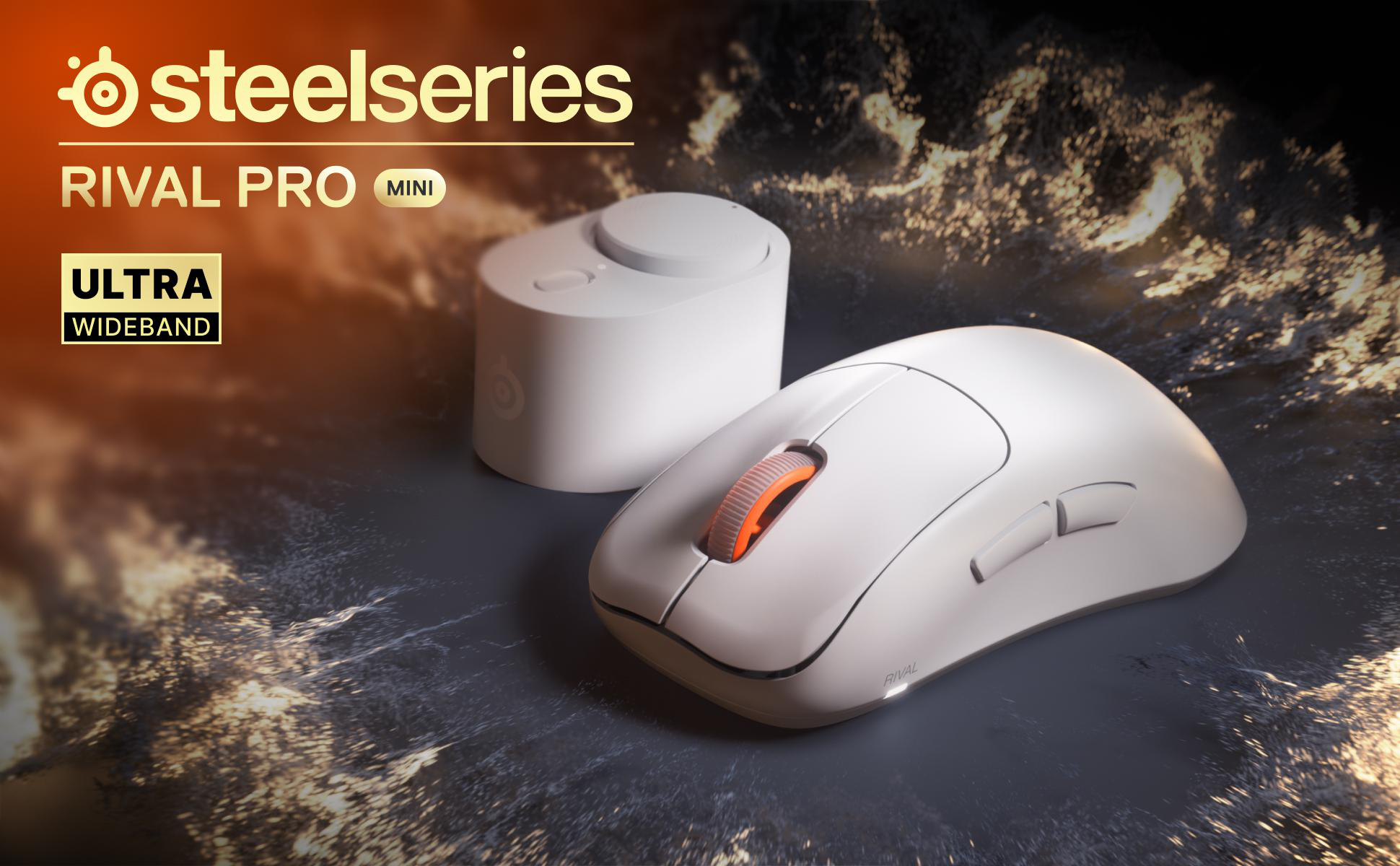 Weiße SteelSeries Rival Pro Mini Maus mit Dock auf dunklem Grund.