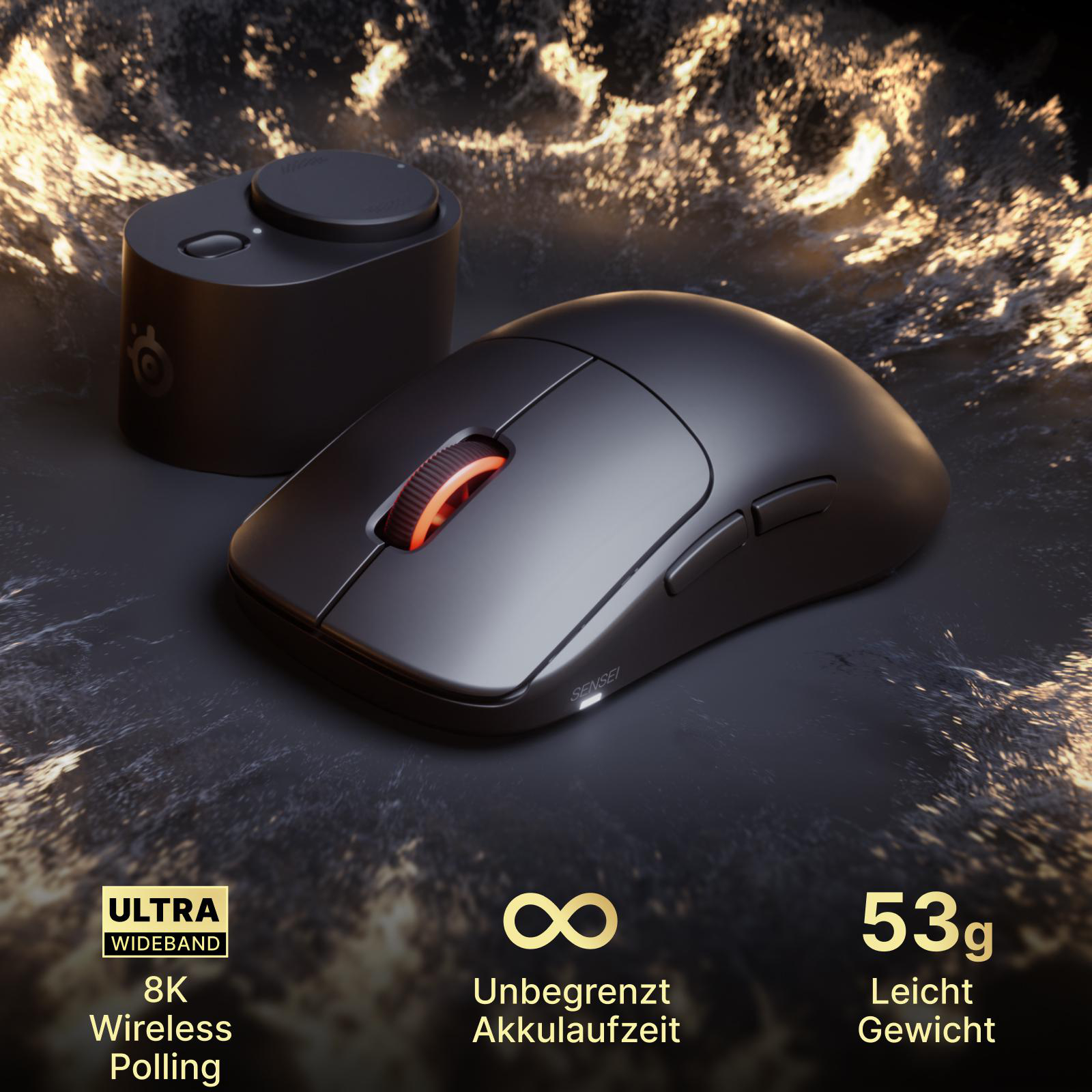 Schwarze kabellose Gaming-Maus mit leuchtendem Scrollrad und Empfänger auf dunklem, glänzenden Untergrund.