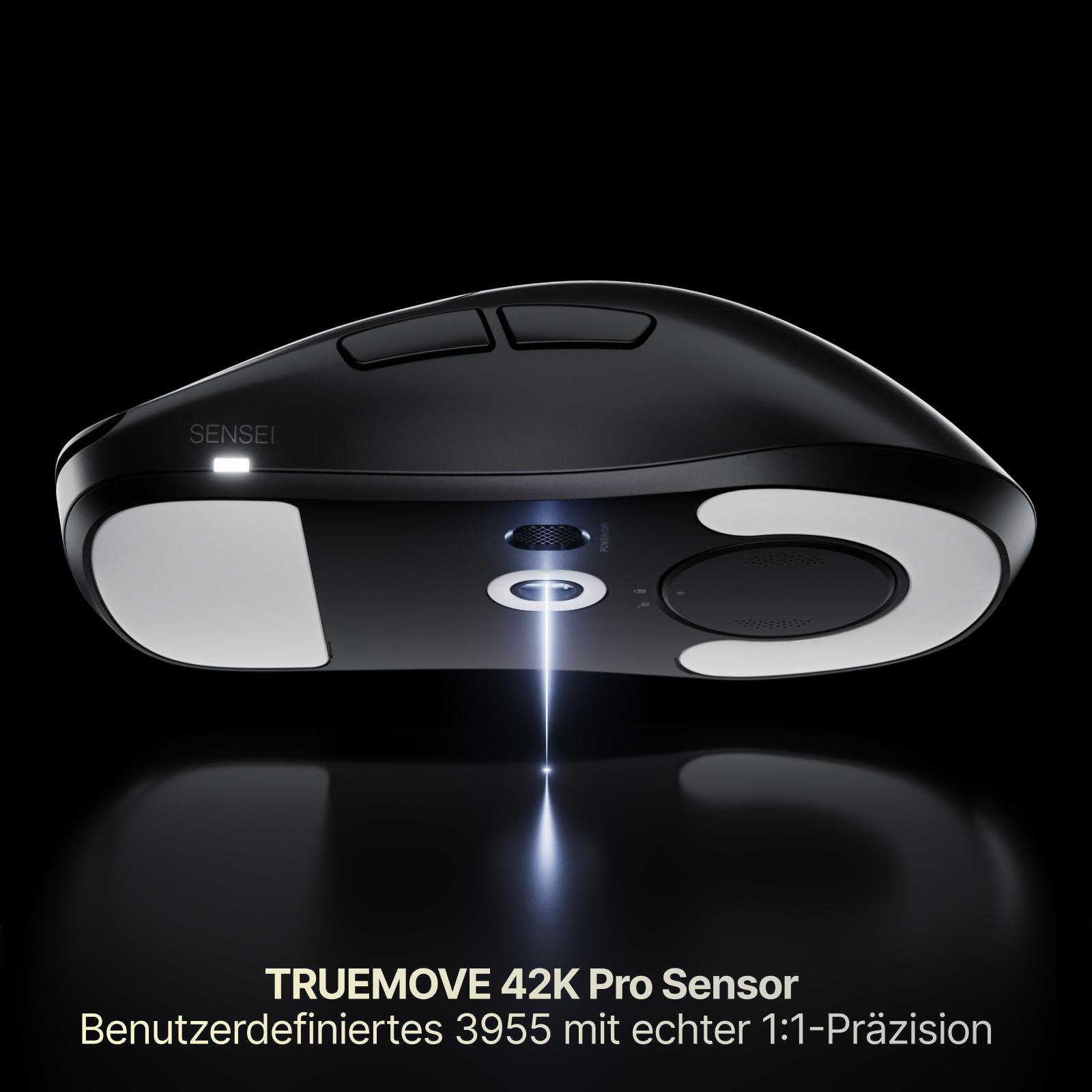 Unterseite einer schwarzen Sensei-Gaming-Maus mit leuchtendem Sensor und Text TRUEMOVE 42K Pro Sensor.