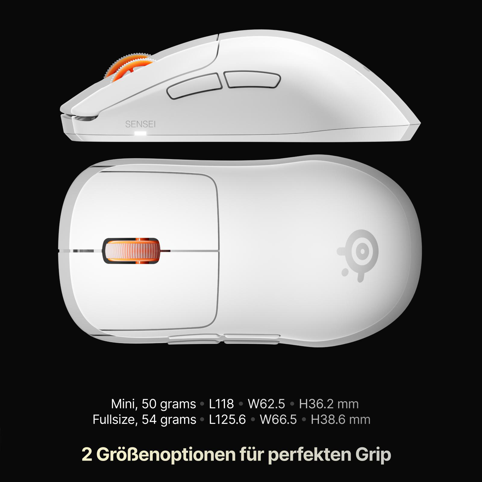 Weiße Gaming-Maus in Seiten- und Draufsicht mit oranger Scrollrad, Maßen und Text unten auf schwarzem Grund.