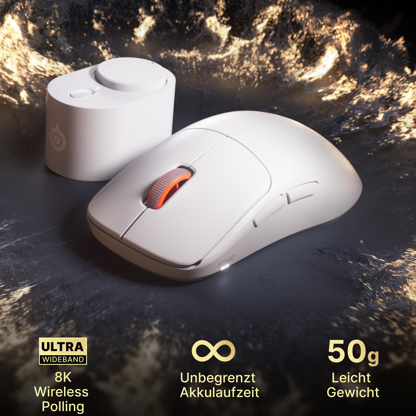 Weiße kabellose Gaming-Maus und Ladestation vor dunklem Hintergrund mit goldenen Partikeln.