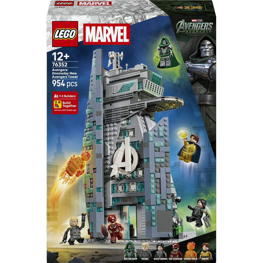 Lego Marvel Avengers Turm Set Box mit Minifiguren vor einer Skyline.