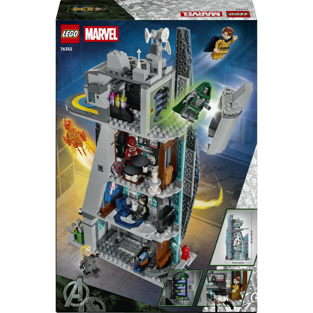Lego Marvel Avengers Turm mit mehreren Ebenen, Figuren wie Doctor Doom, Black Widow und fliegenden Helden.