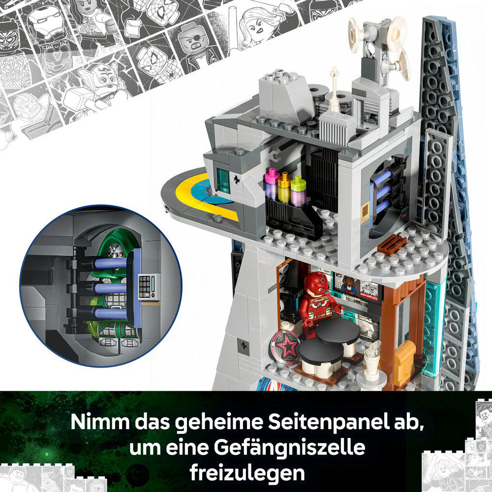 Lego-Turm mit Räumen, Minifiguren und einem geheimen Gefängnis in der Seitenwand.