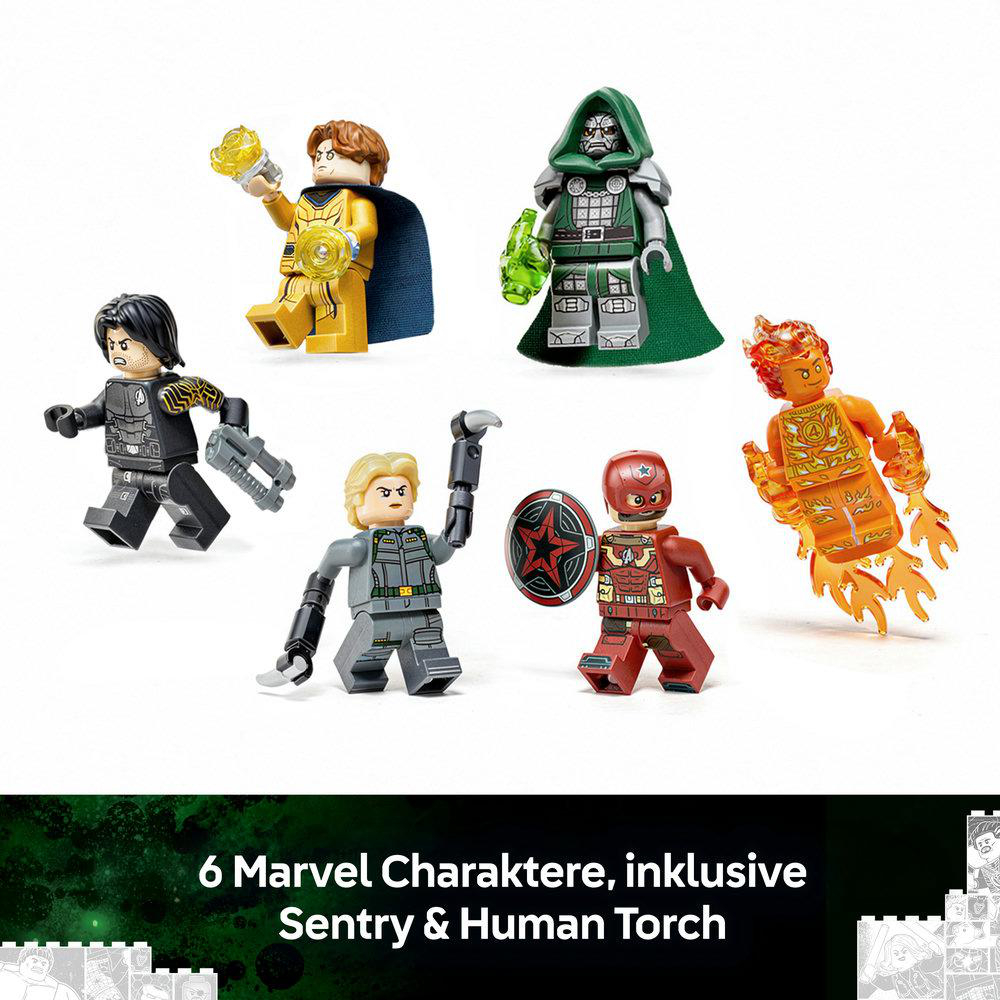 Sechs Marvel Lego Minifiguren vor weißem Hintergrund mit Textbanner.