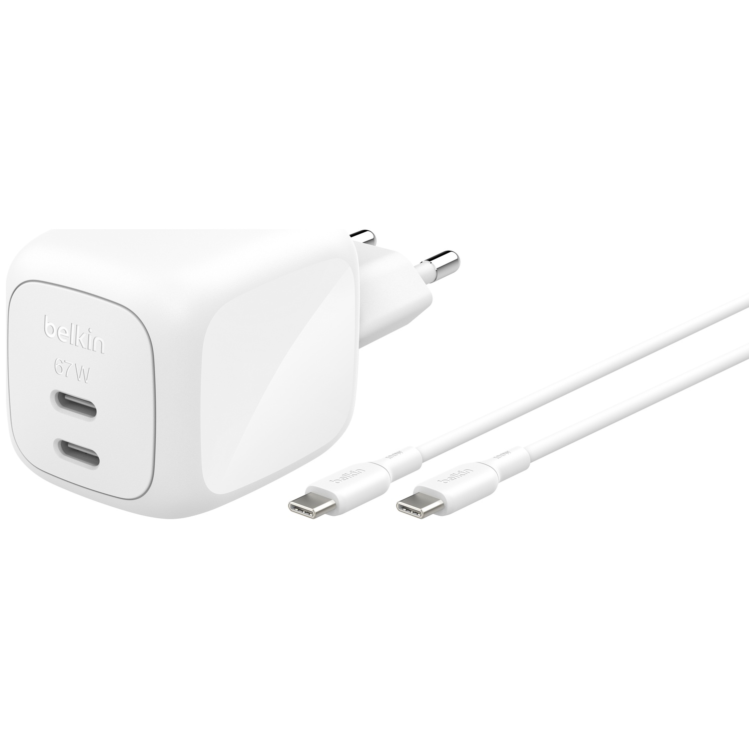 BELKIN BoostCharge Pro Chargeur rapide 67W avec 2 ports USB-C, câble USB-C de 2 m inclus - Blanc
