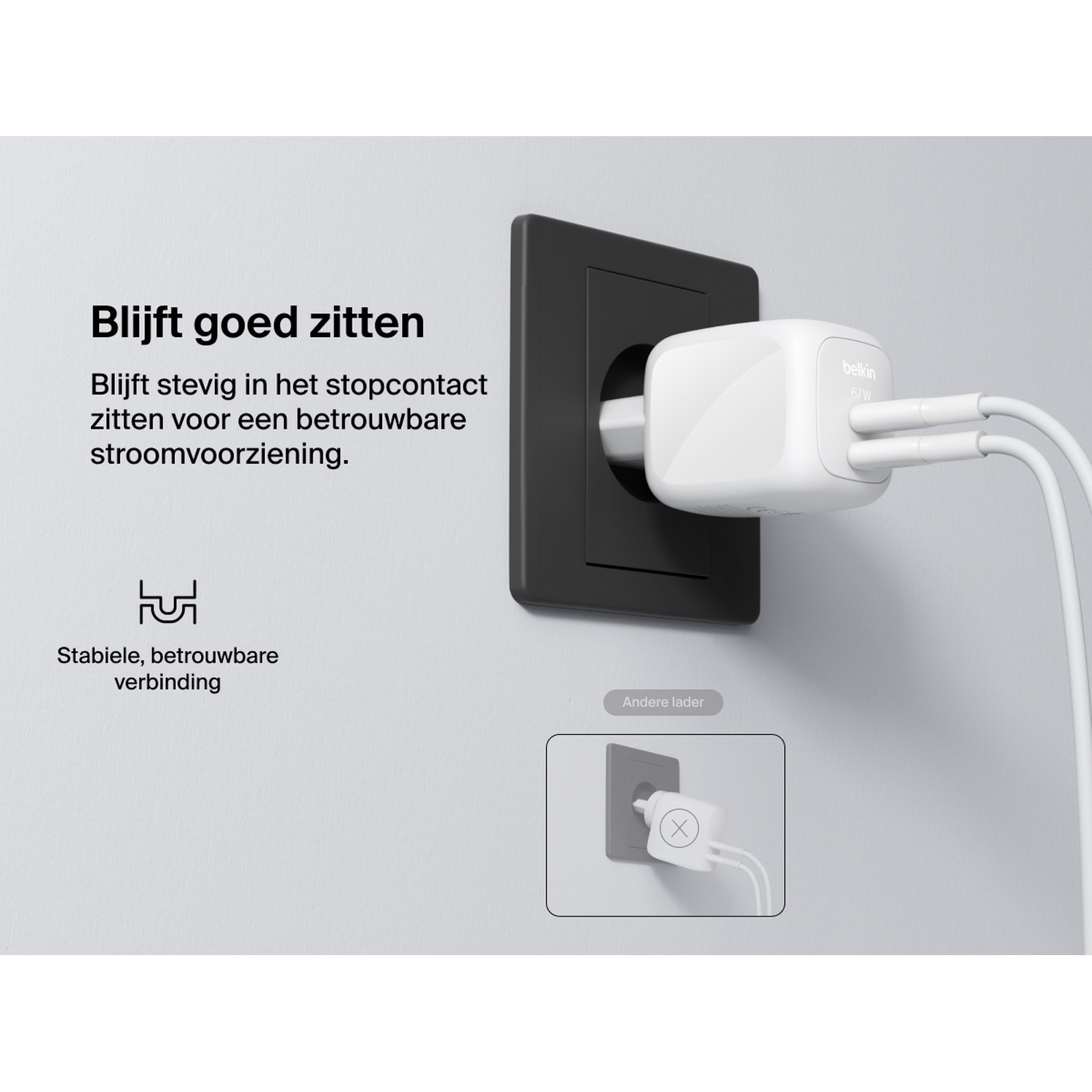 BELKIN BoostCharge Pro Chargeur rapide 67W avec 2 ports USB-C, câble USB-C de 2 m inclus - Blanc