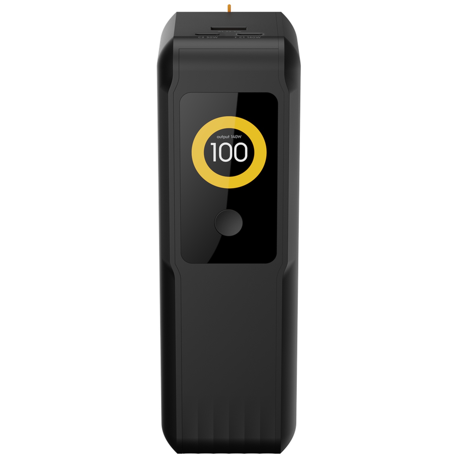 Batterie externe noire avec un écran rond jaune indiquant un niveau de batterie de 100.