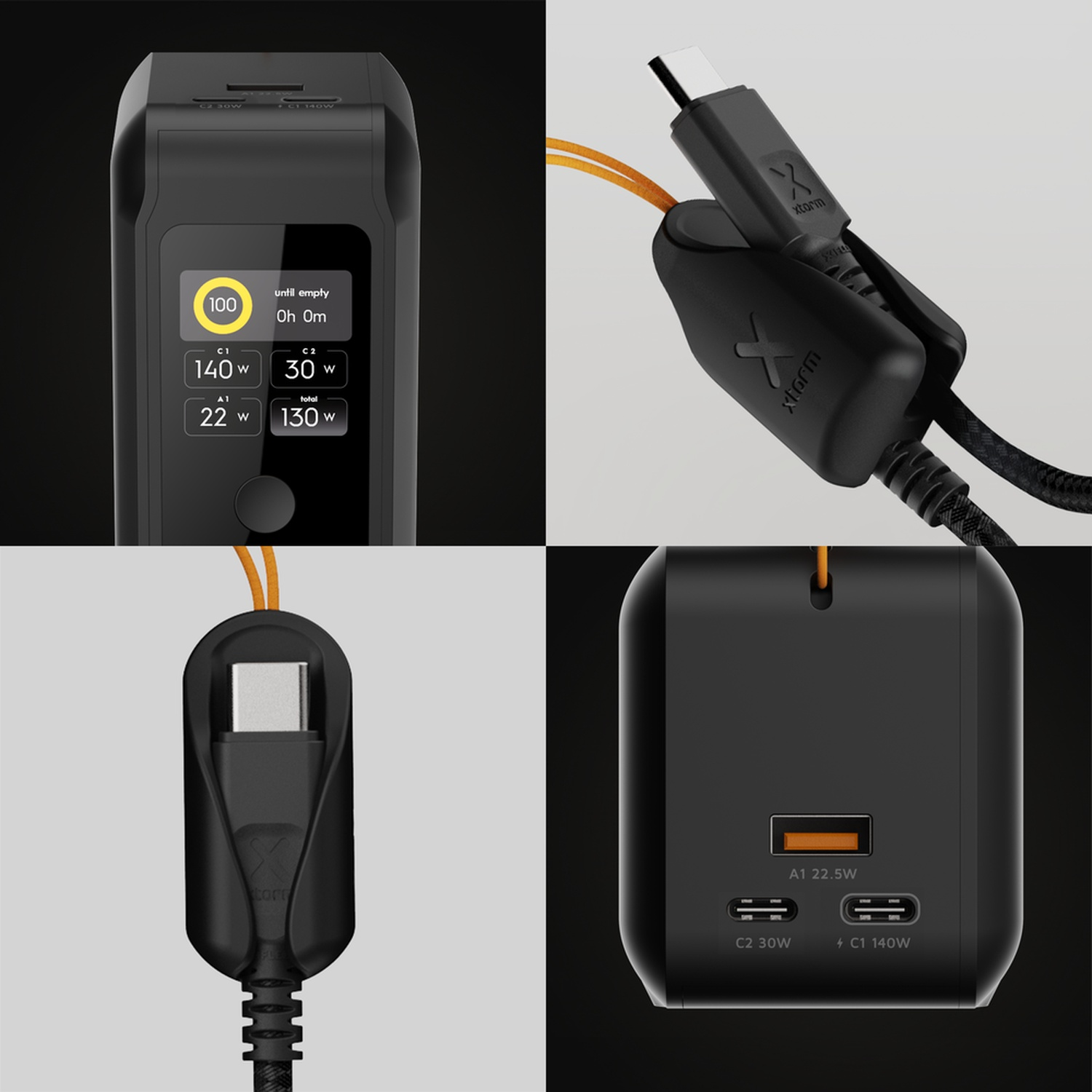 Quatre vues divisées montrant une batterie externe noire, son écran numérique et un câble USB-C avec support.