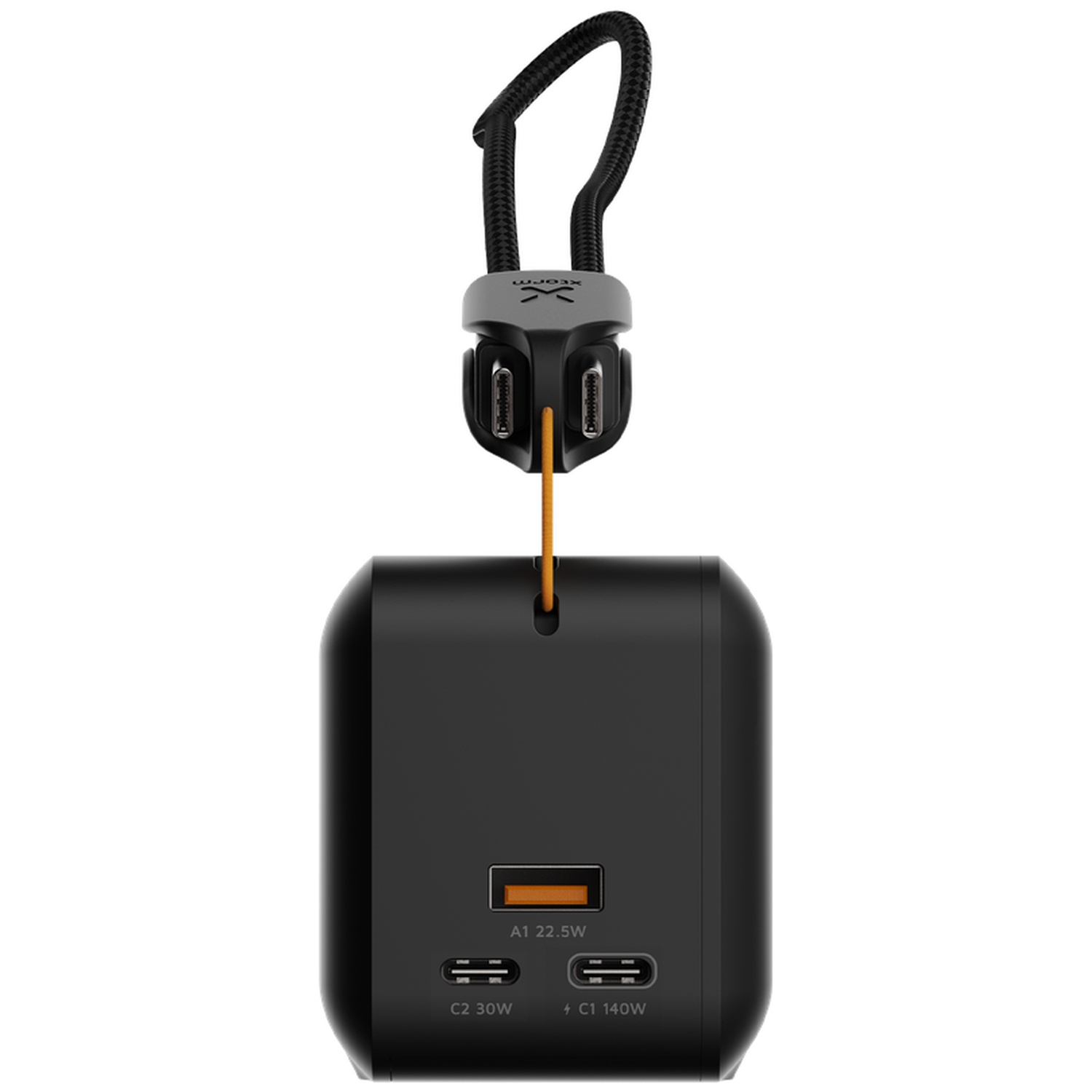 Chargeur noir avec ports USB-A et USB-C et câble intégré.