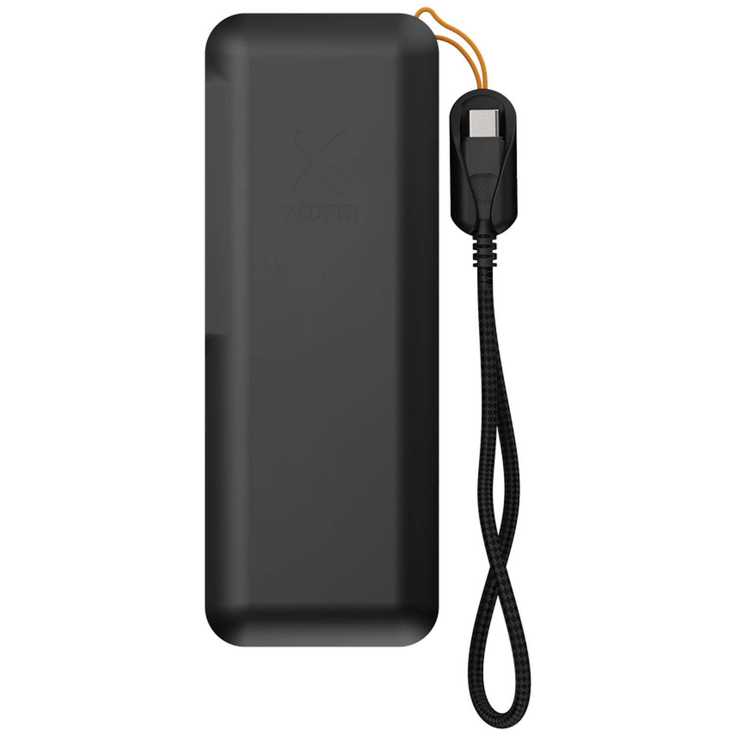 Batterie externe noire avec un câble de charge amovible et une boucle orange.