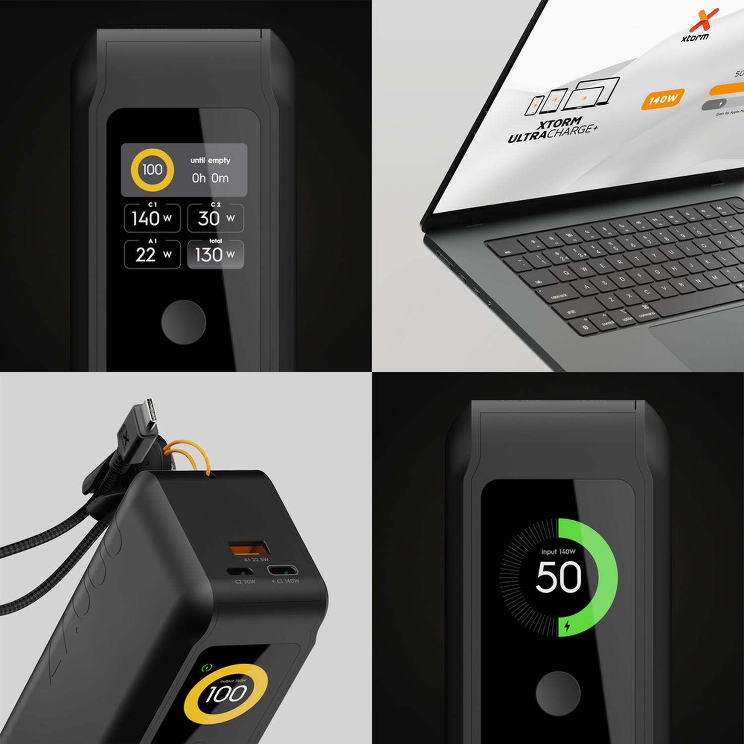 Quatre images montrent un chargeur noir, un écran avec des statistiques, un ordinateur portable et une prise connectée.