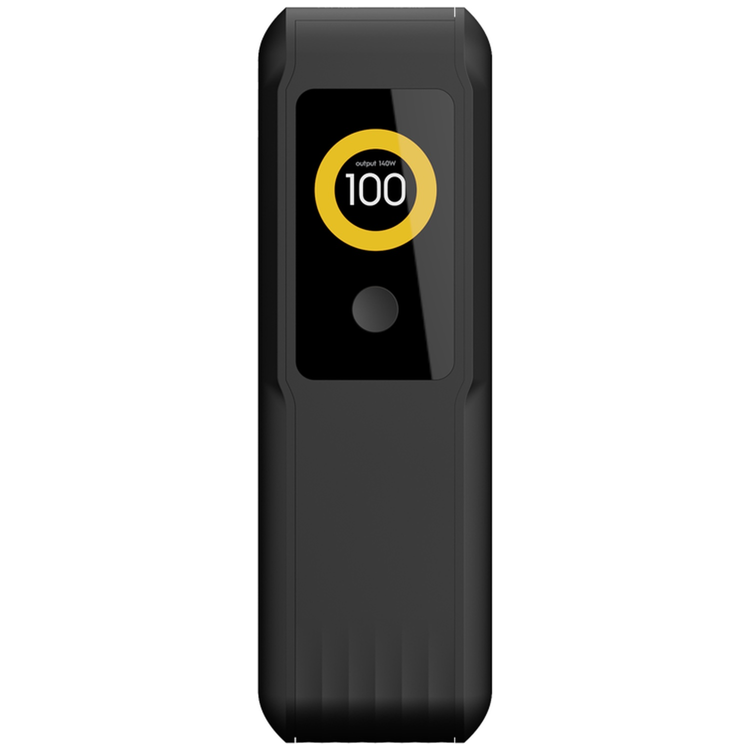 Batterie externe noire avec écran numérique, anneau jaune et affichage 100.