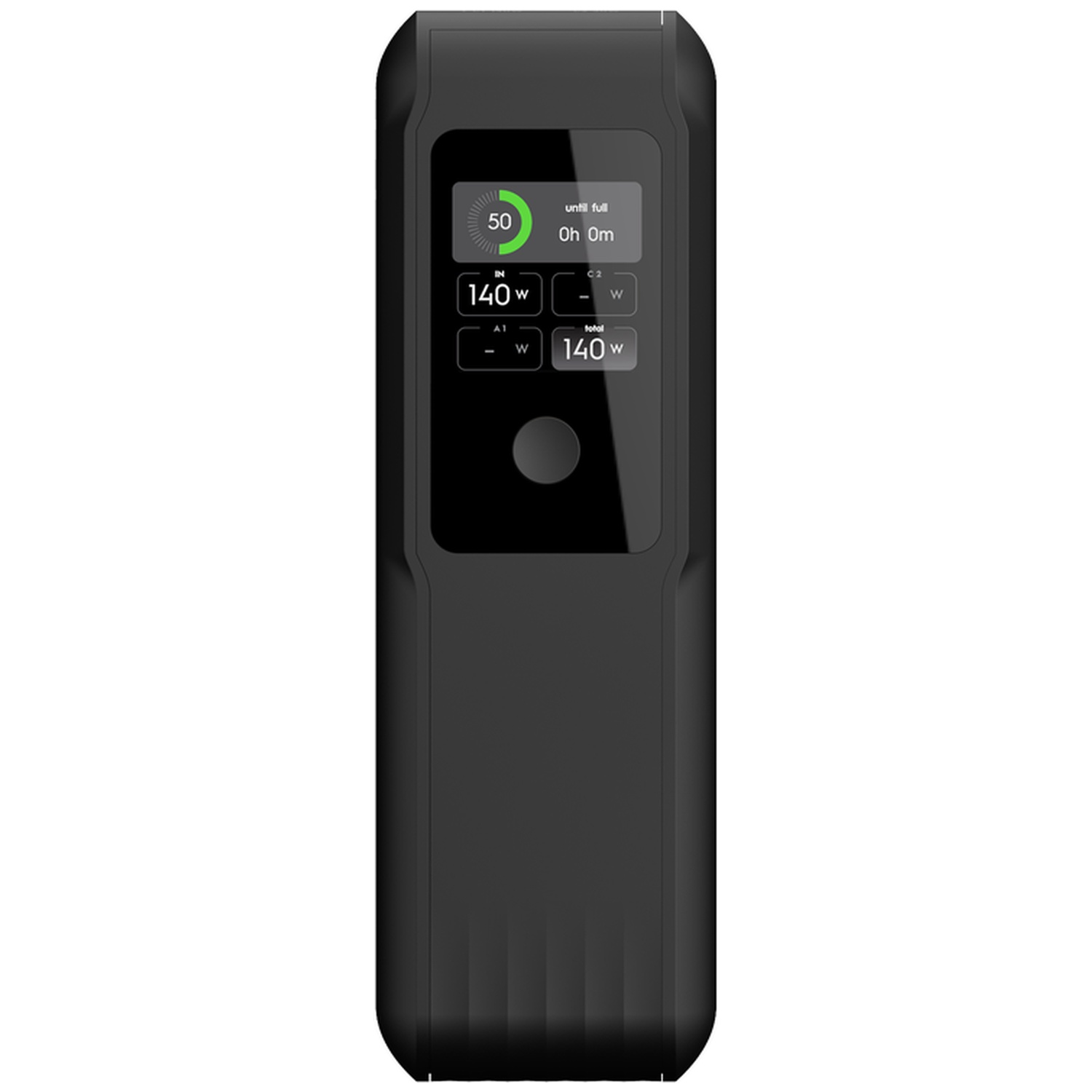 Batterie externe noire avec écran numérique affichant les statistiques de charge et les watts.