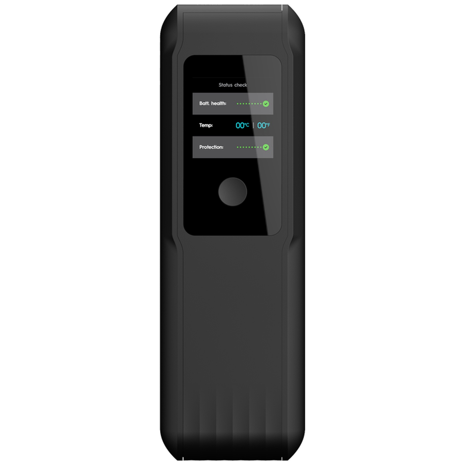 Appareil électronique noir avec affichage numérique indiquant l'état de la batterie, la température et la protection.