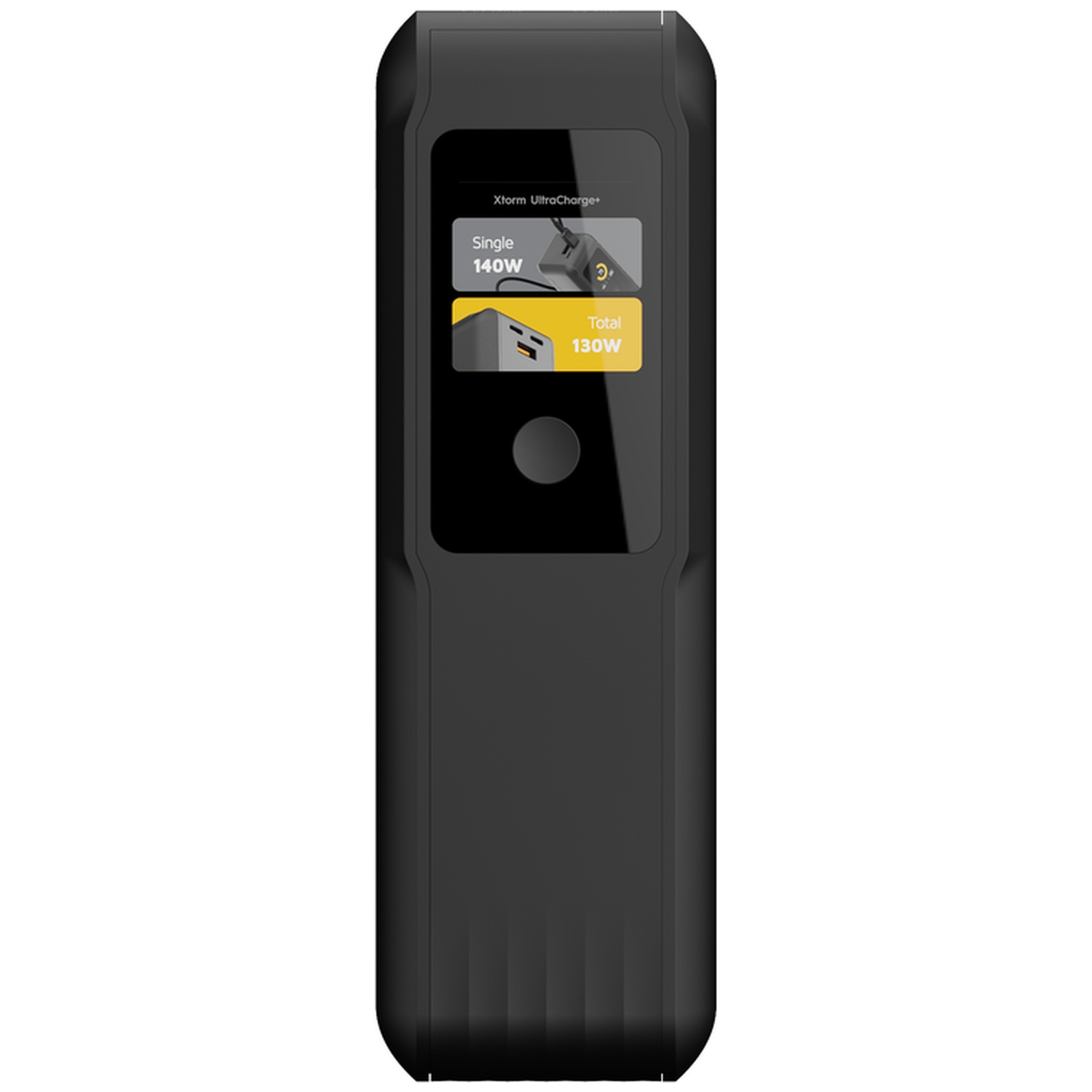 Une batterie externe noire Xtorm UltraCharge avec un écran couleur numérique affichant la charge.