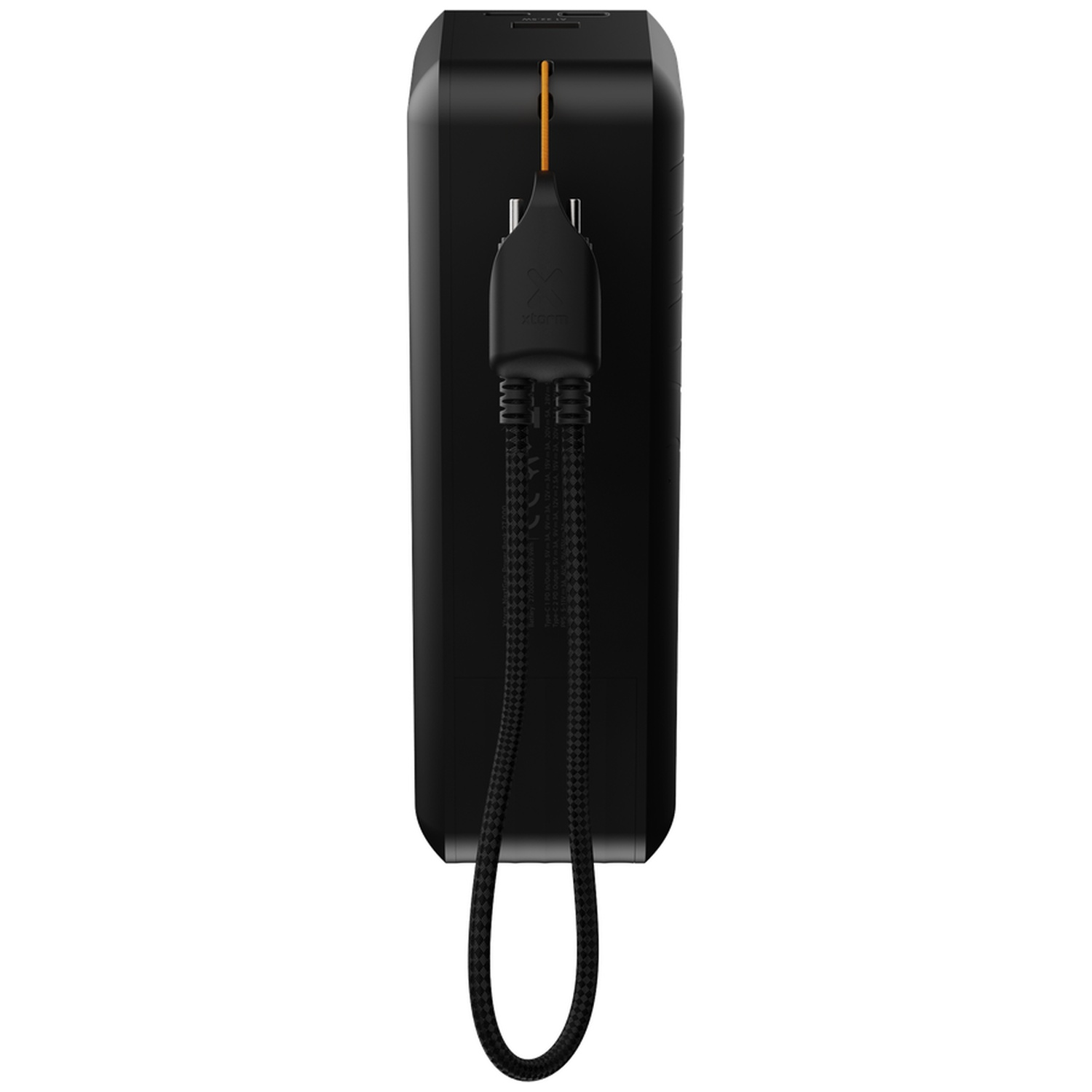 Batterie externe noire avec câble USB-C tressé intégré et lanière orange.