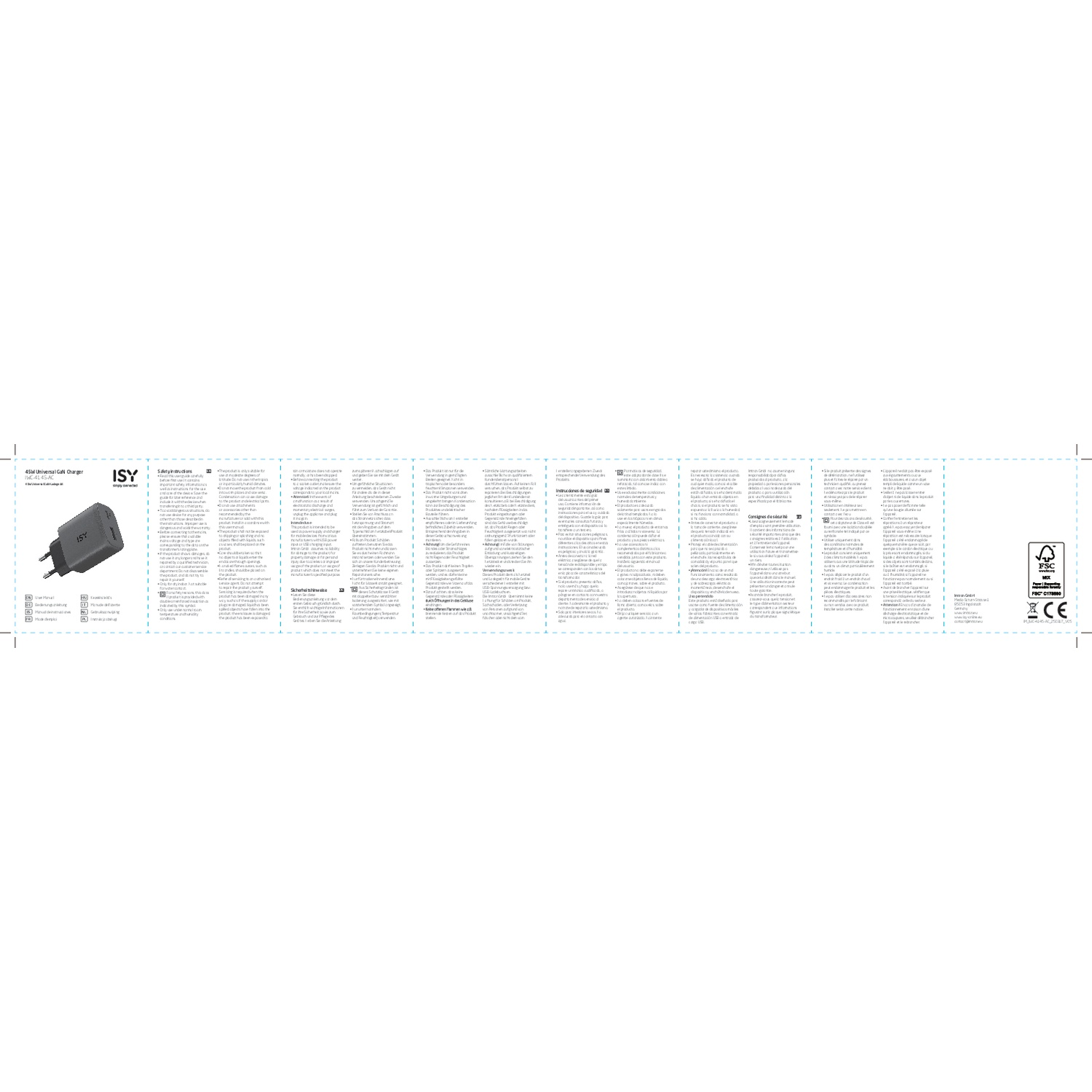 User manual and safety instructions for an ISY USB-C wall charger.