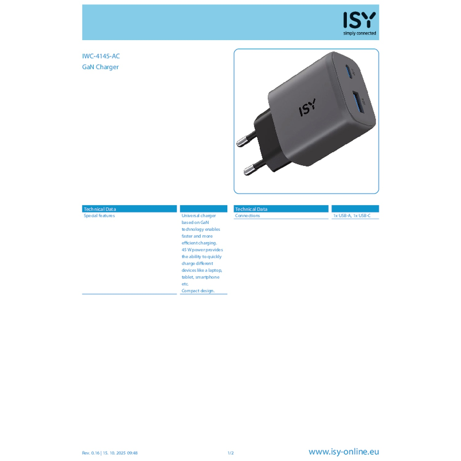 Product sheet for ISY GaN Charger featuring technical data and an image of the gray USB-C and USB-A wall charger.