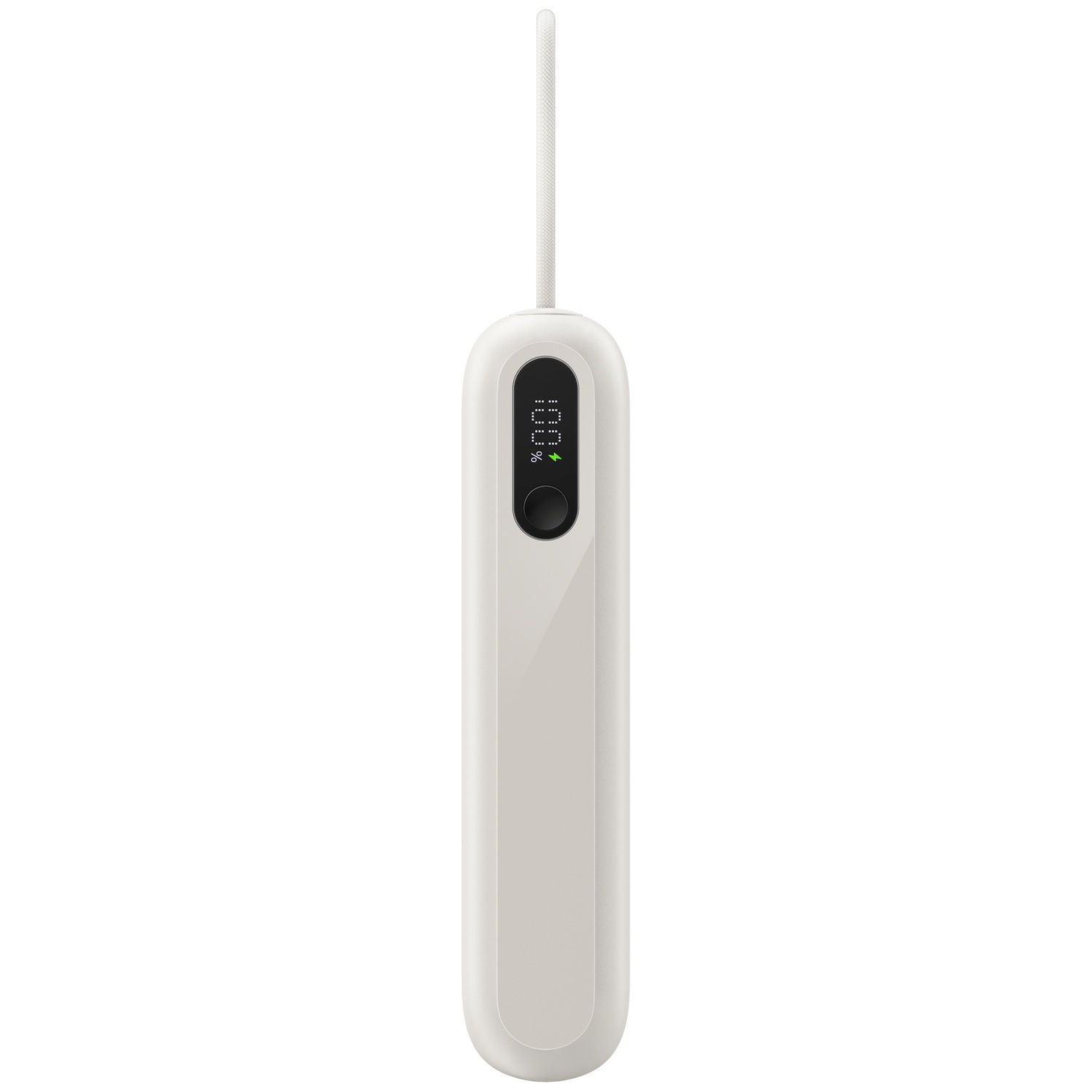 Une batterie externe blanche avec un câble intégré et un écran d'affichage numérique.