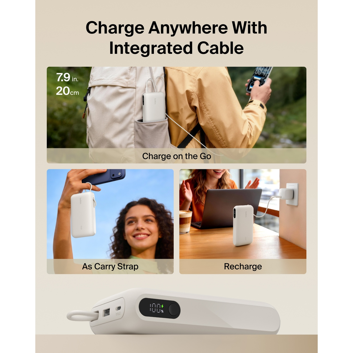 Une batterie externe blanche avec câble intégré est présentée dans divers scénarios comme sac à dos et chargeur mural.