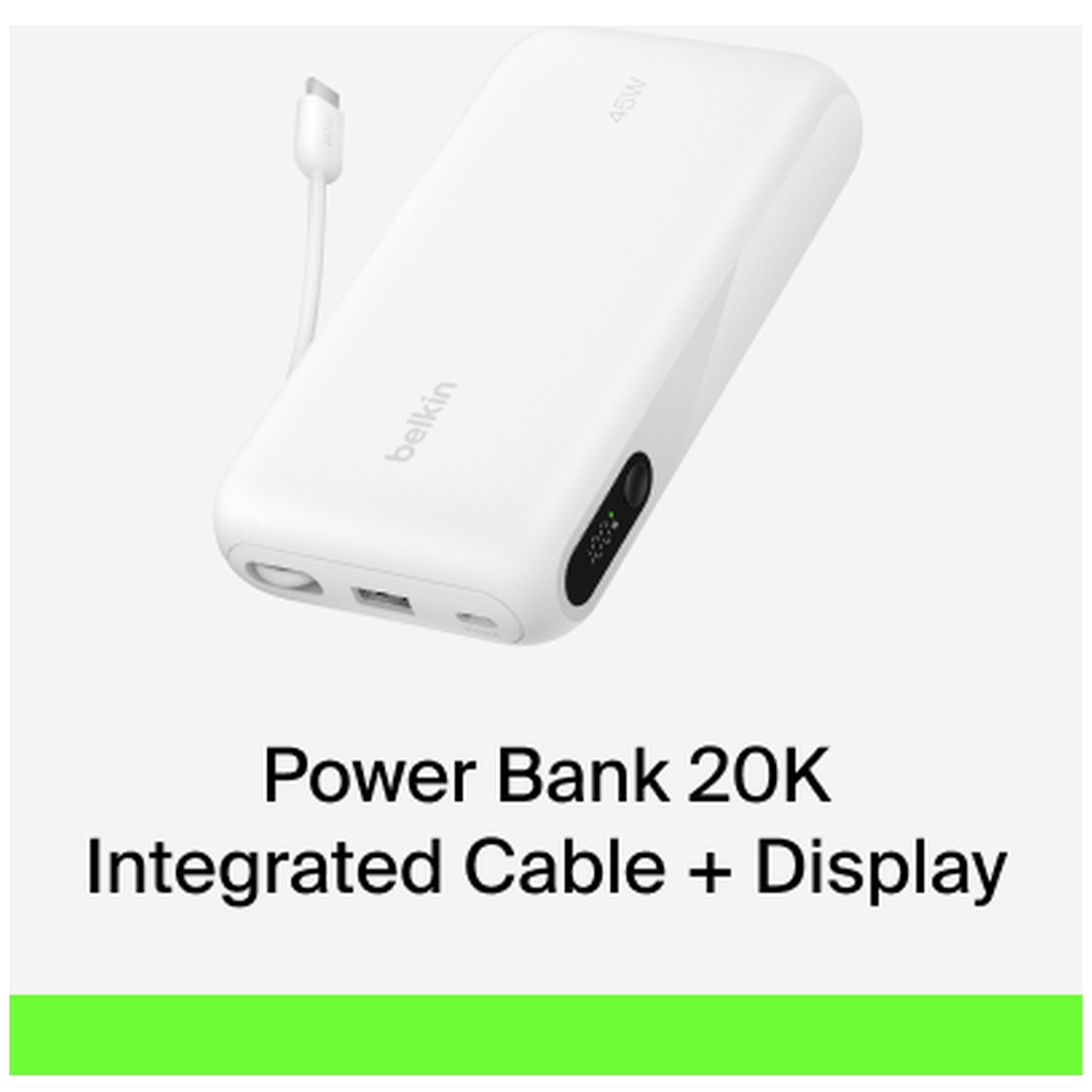 Batterie externe blanche Belkin avec câble intégré et écran, étiquetée Power Bank 20K.