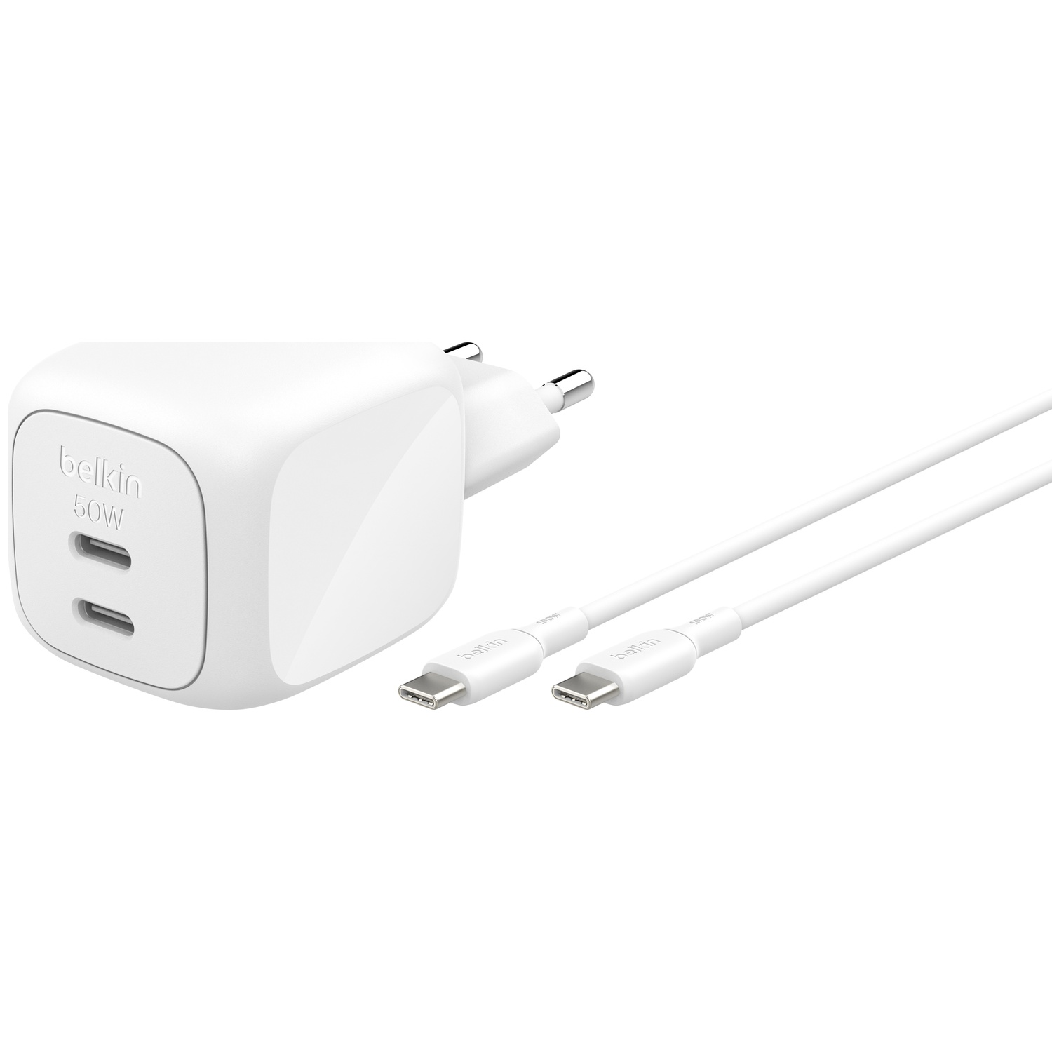 BELKIN BoostCharge Pro Chargeur rapide 50W avec 2 ports USB-C, câble USB-C de 1 m inclus - Blanc