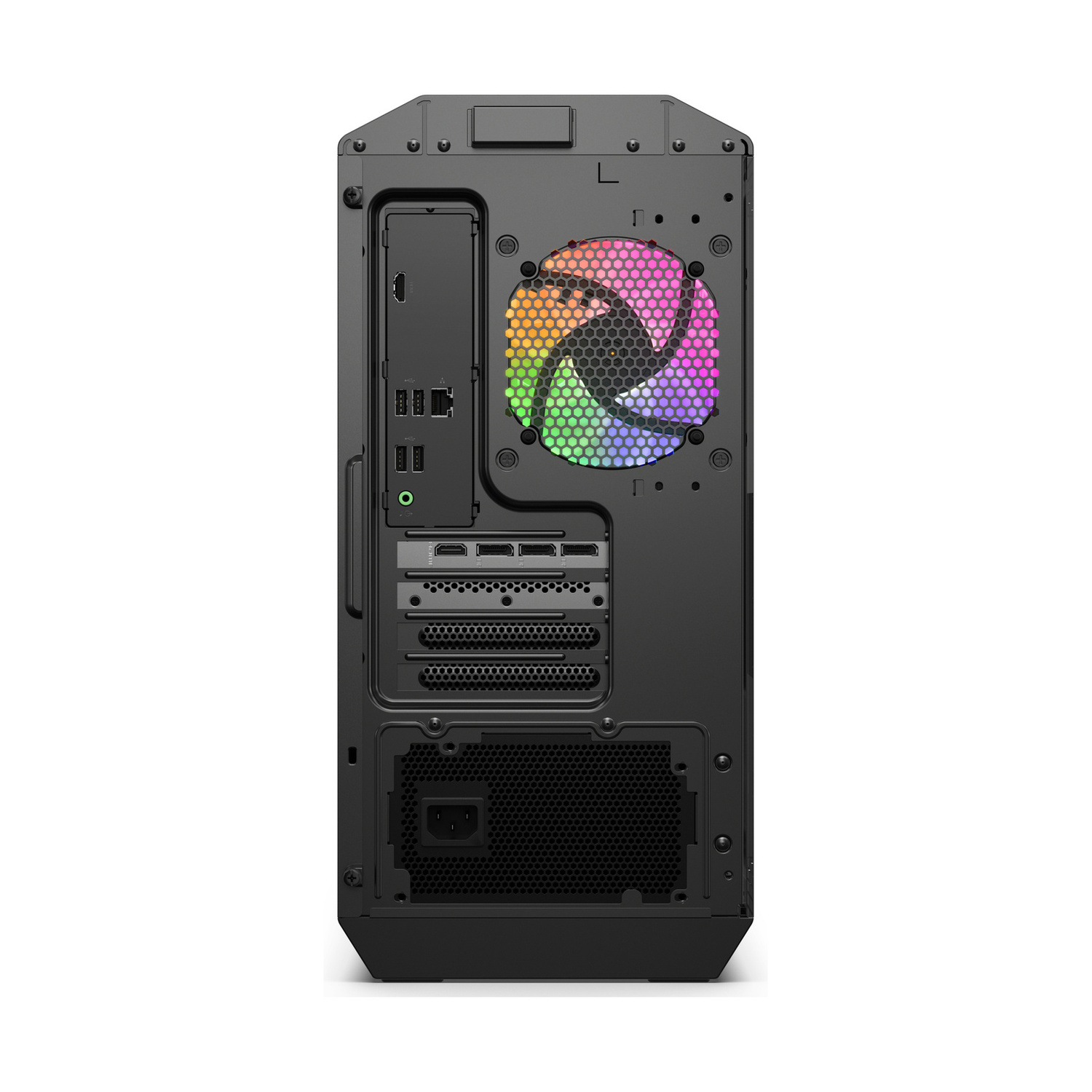 Vista posteriore di un case PC nero con ventola RGB colorata e porte.