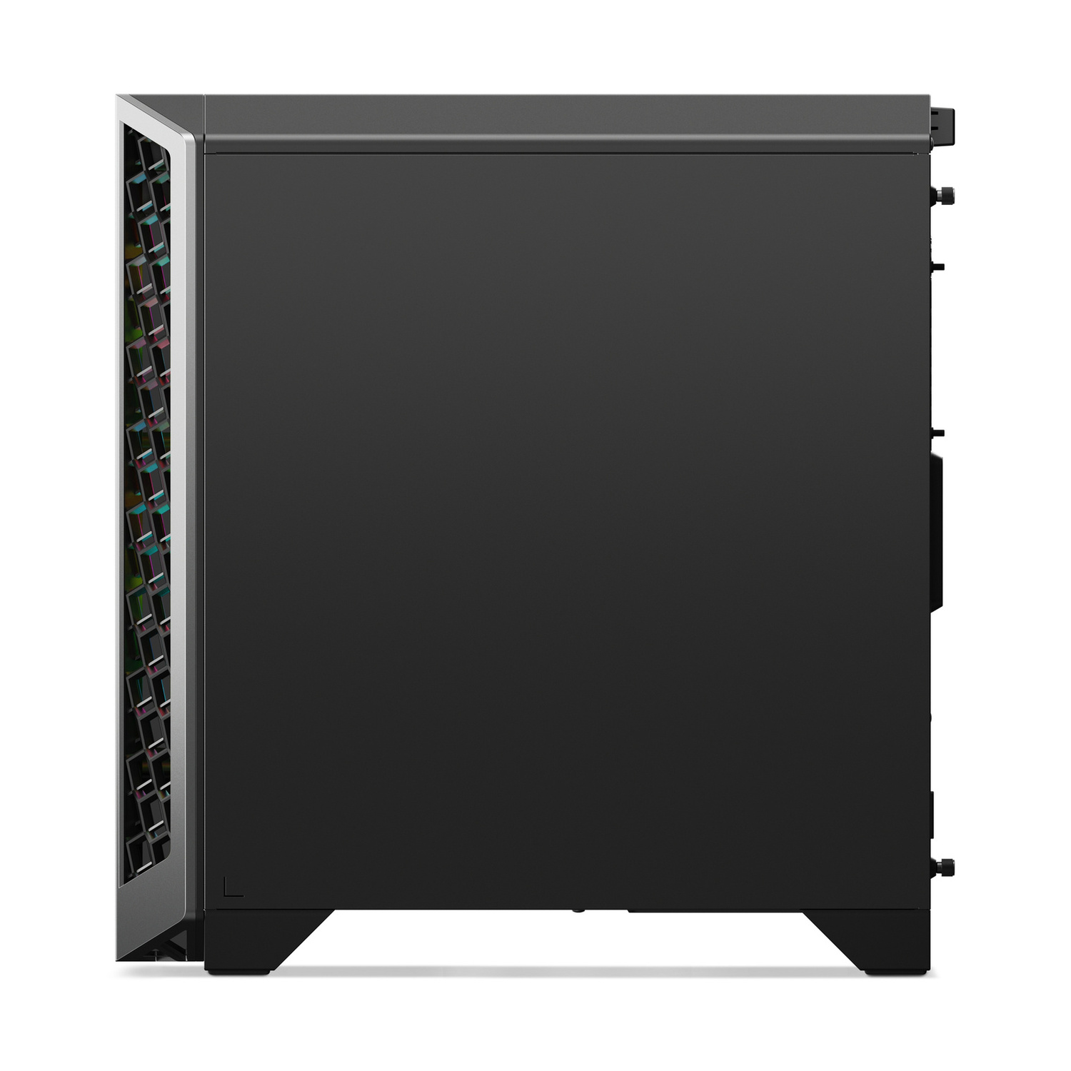 Case per PC nero con griglia di ventilazione colorata e testurizzata sul lato anteriore sinistro, su sfondo bianco.