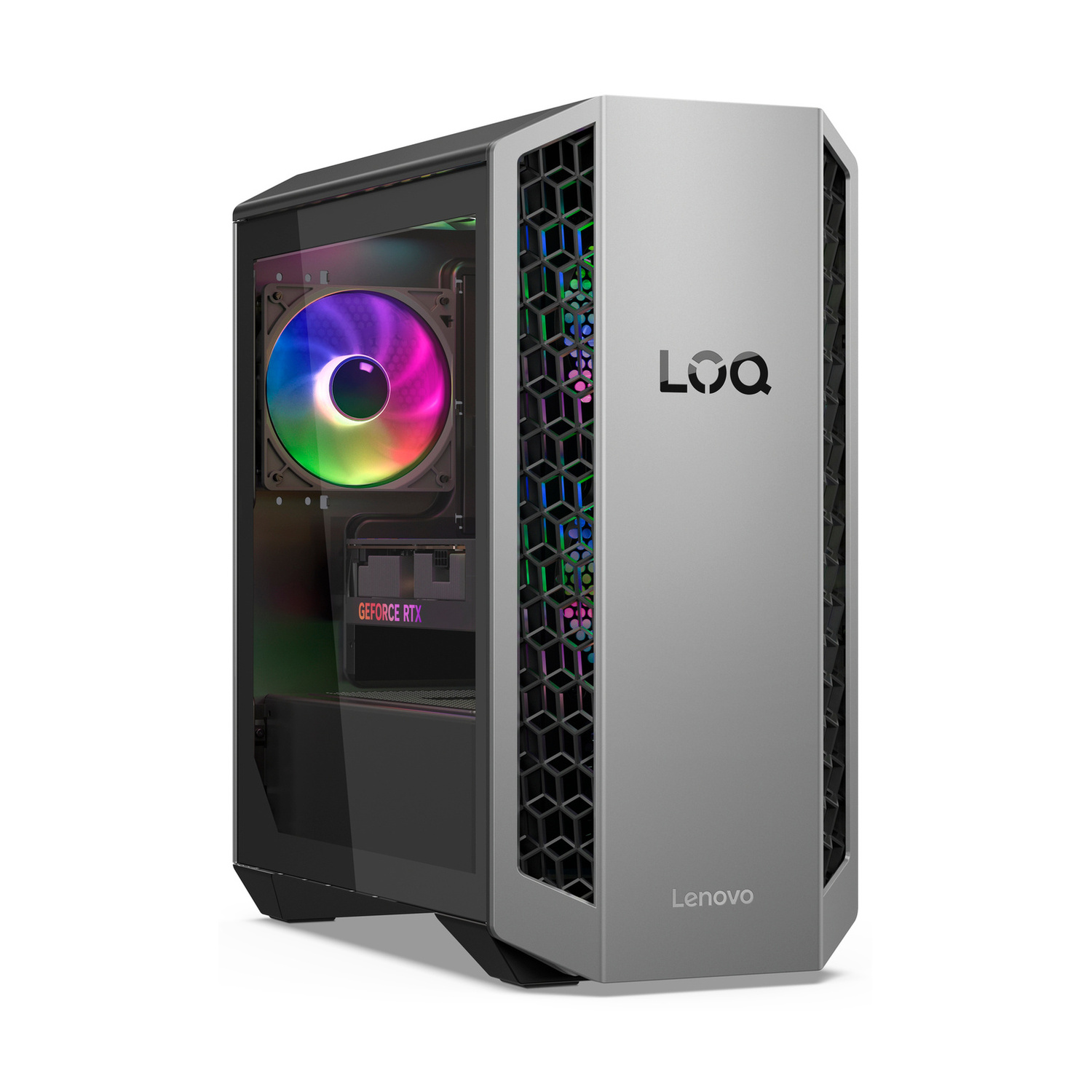 Desktop da gioco Lenovo LOQ con ventola RGB e pannello in vetro.