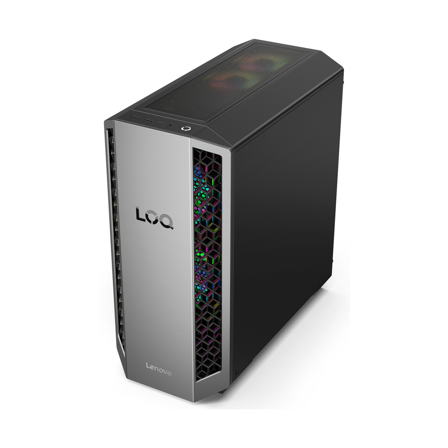 Tower PC desktop Lenovo LOQ nero e grigio con ventole RGB e griglia.