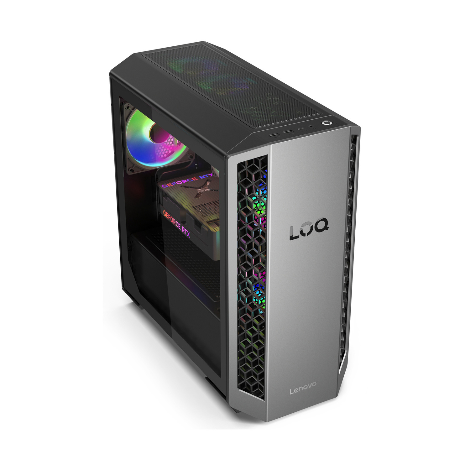 PC da gioco nero Lenovo LOQ con pannello frontale argento, ventola RGB e scheda grafica visibile.