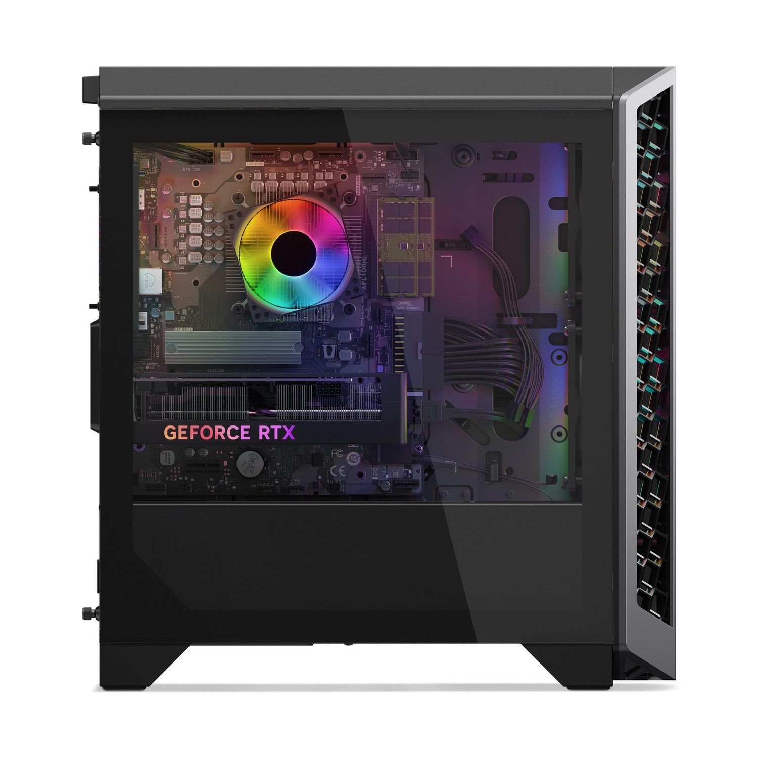Vista laterale di un case per PC con finestra in vetro, che mostra i componenti interni con illuminazione RGB.