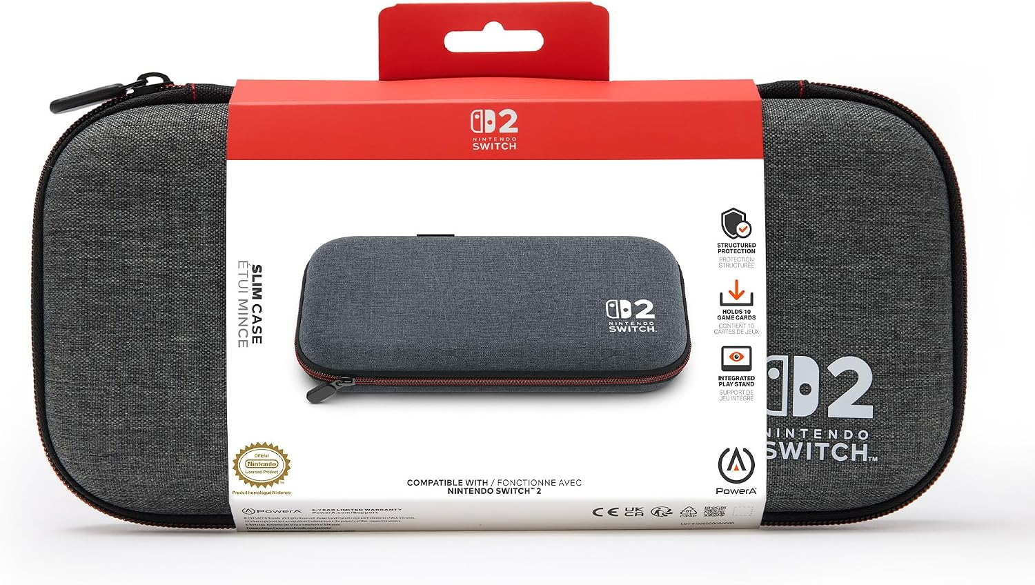 Estuche delgado gris para Nintendo Switch 2 en empaque rojo y blanco con características.