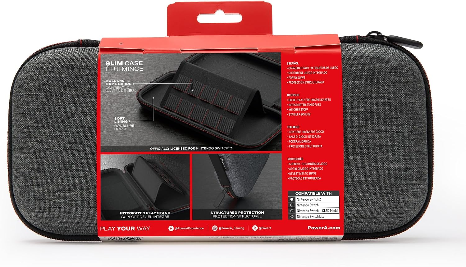 Estuche delgado negro para Nintendo Switch con una faja roja y características.