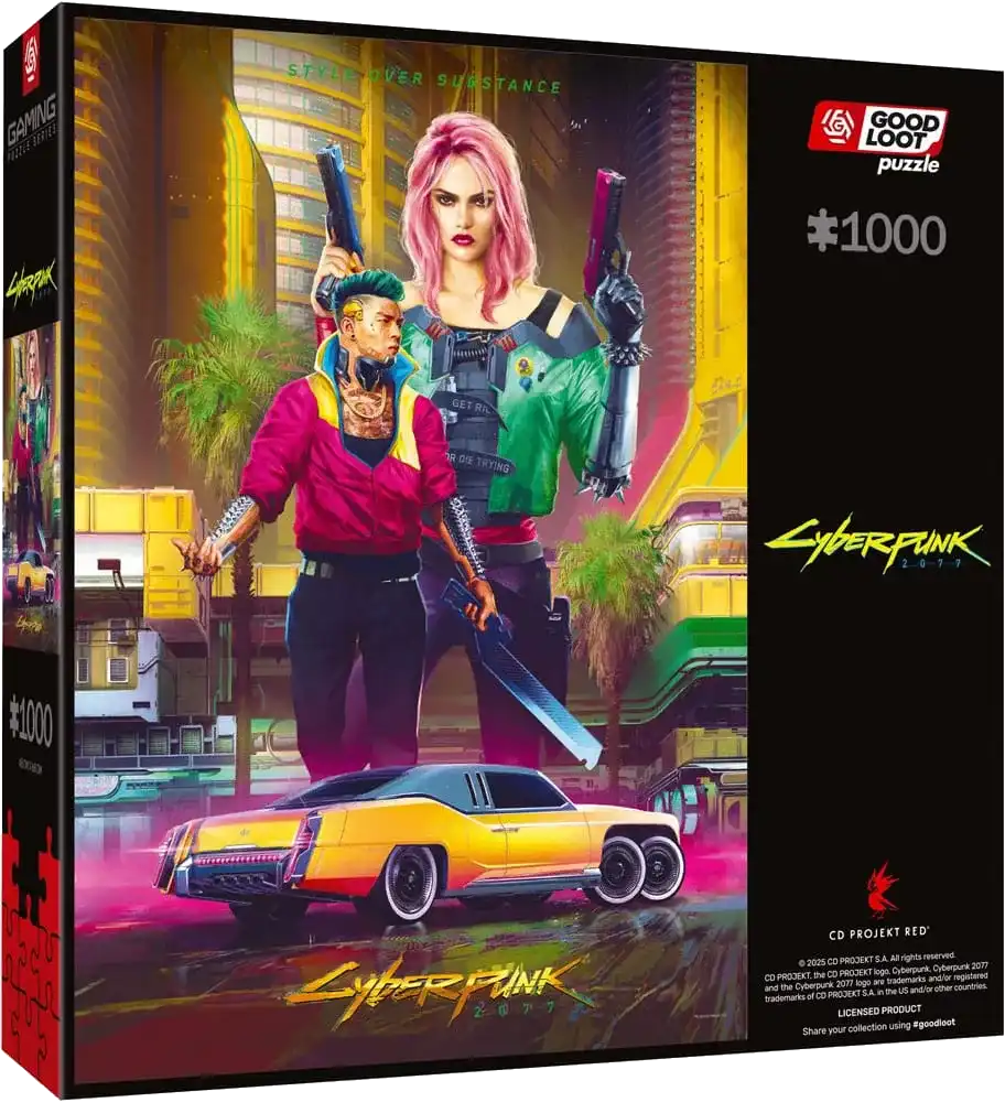 Caja de puzzle de 1000 piezas de Cyberpunk con dos personajes frente a una ciudad amarilla y un coche.