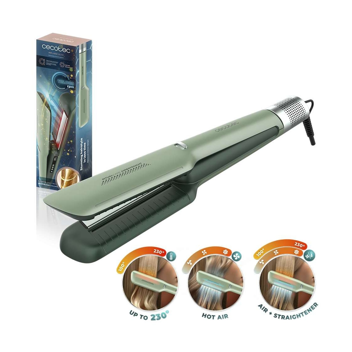 Piastra per capelli verde Cecotec con confezione e icone in basso.