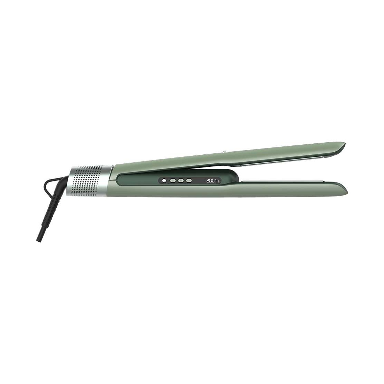 Piastra per capelli verde con display digitale e cavo nero su sfondo bianco.