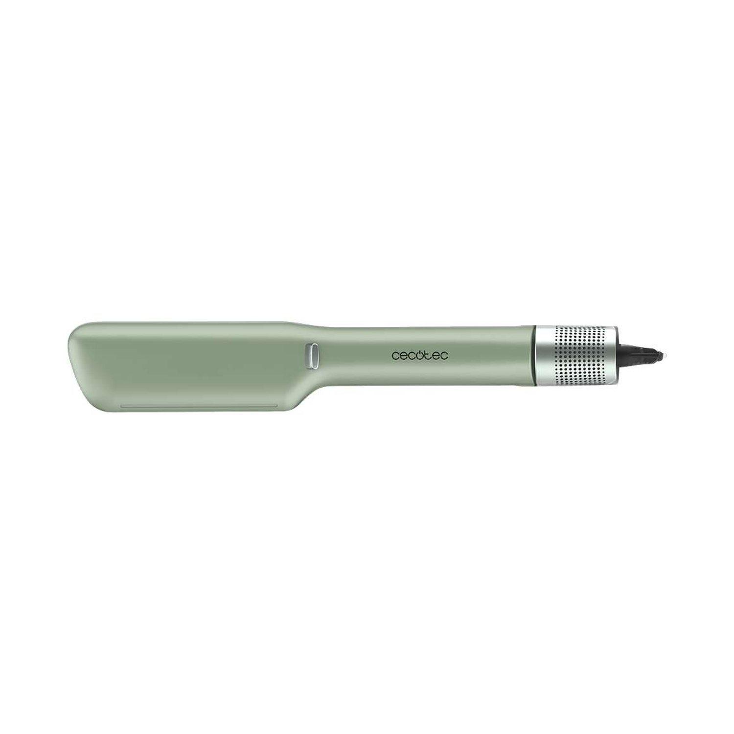 Una piastra per capelli verde pallido con dettagli argentati e logo del marchio su sfondo bianco.