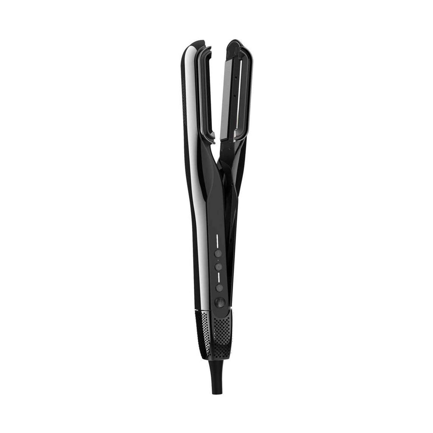 Una piastra per capelli nera lucida ed elegante su sfondo chiaro con pulsanti.